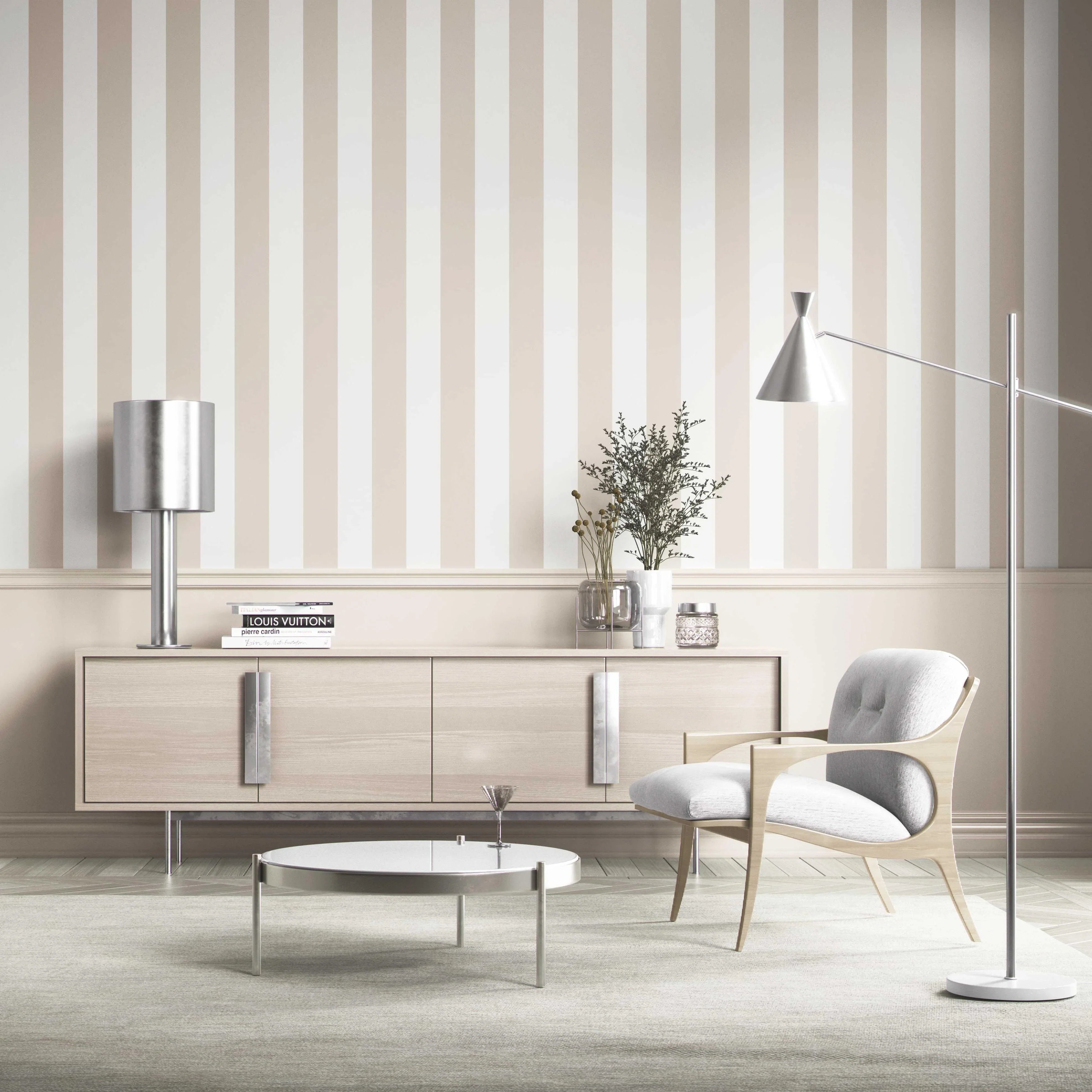 Neutral Geometric Striped Shower Toilet Wallpaper Sample (Beige/ Greige/ White)