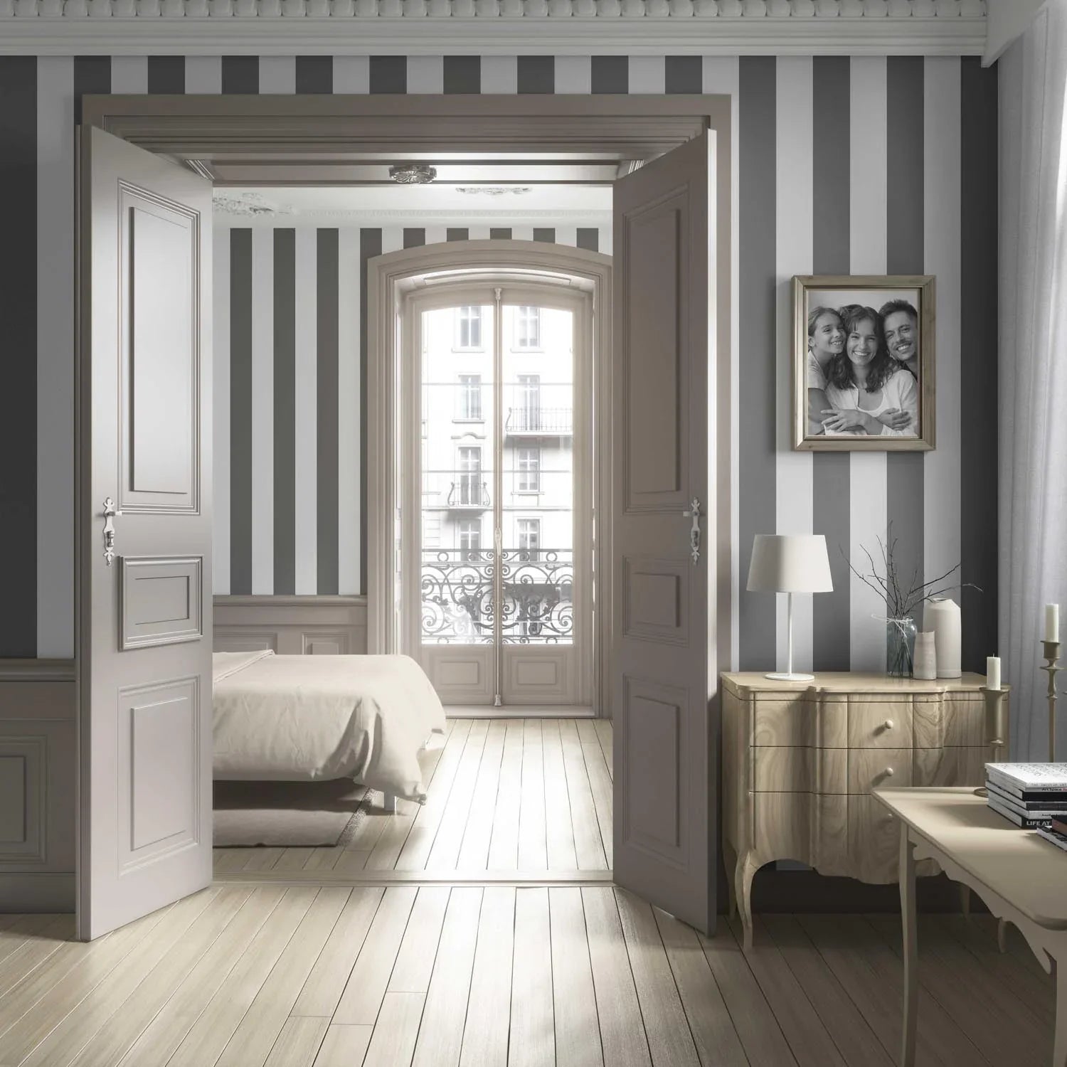 Neutral Geometric Striped Living Room Wallpaper Sample (Dark Grey/ White)