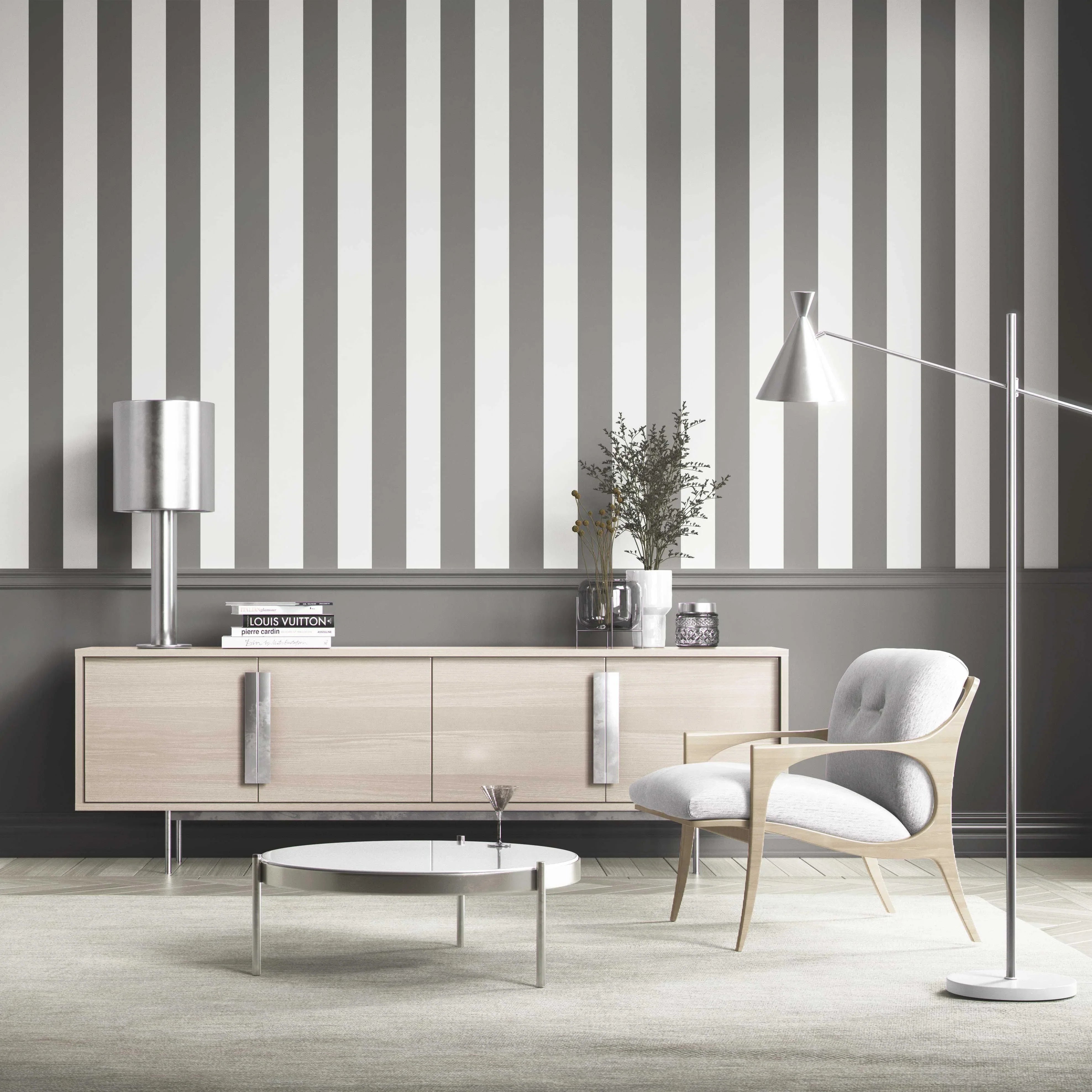 Neutral Geometric Striped Shower Toilet Wallpaper Sample (Dark Grey/ White)