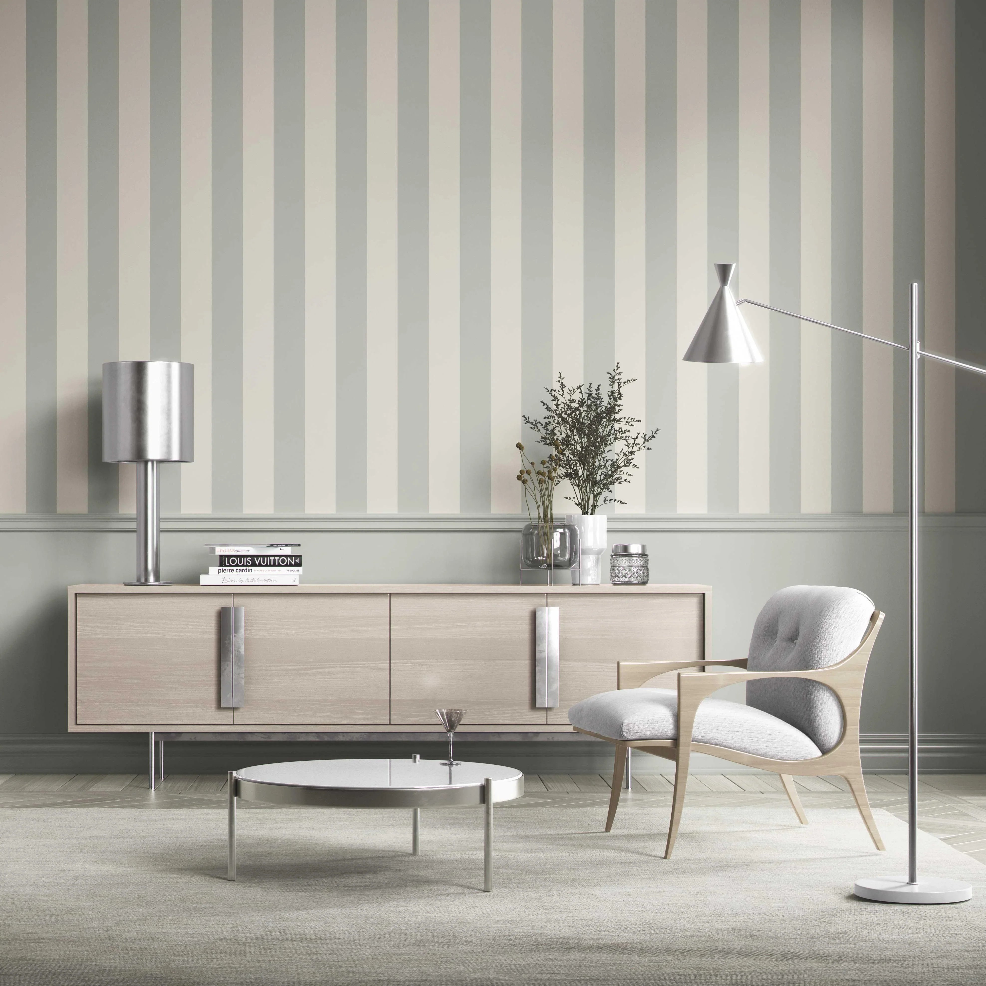 Neutral Geometric Striped Kitchen Wallpaper Sample (Sage Grey/ Cream)