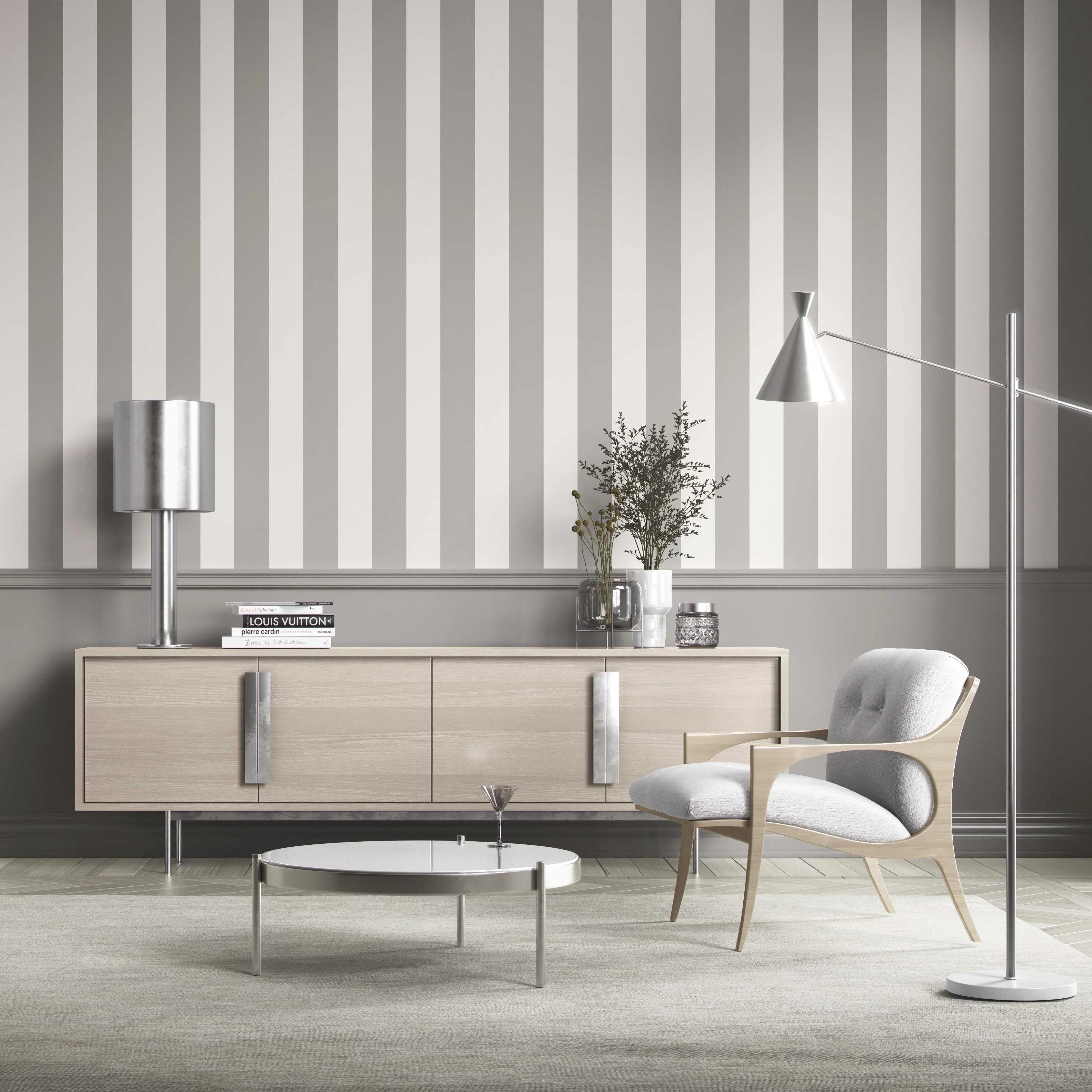Neutral Geometric Striped Living Room Wallpaper Sample (Grey/ White)