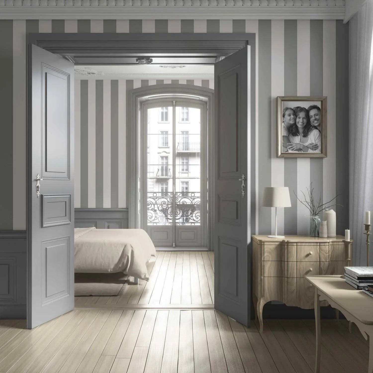 Neutral Geometric Striped Nursery Wallpaper Sample (Grey/ White)