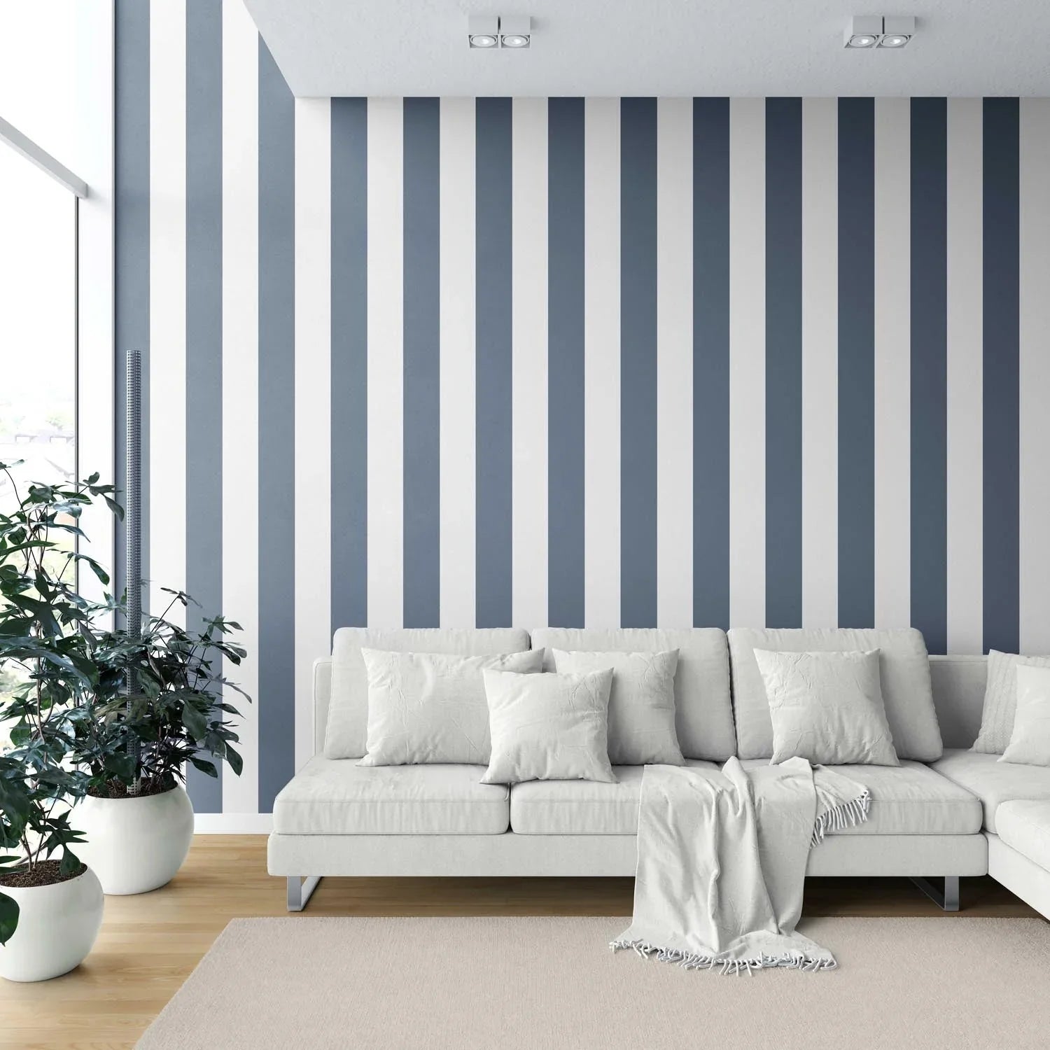 Neutral Geometric Striped Kitchen Wallpaper Sample (Slate Blue/ White)