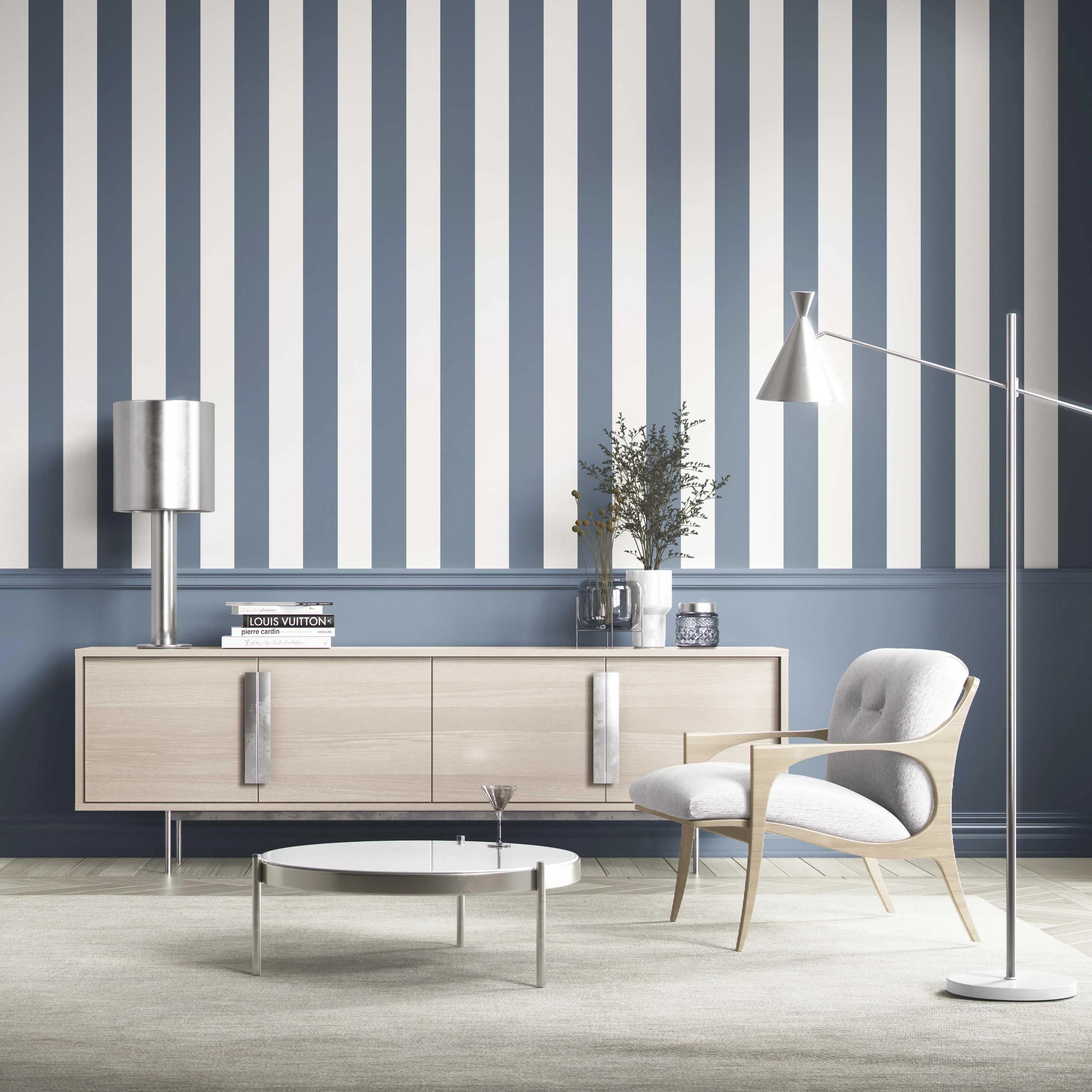 Neutral Geometric Striped Nursery Wallpaper Sample (Slate Blue/ White)