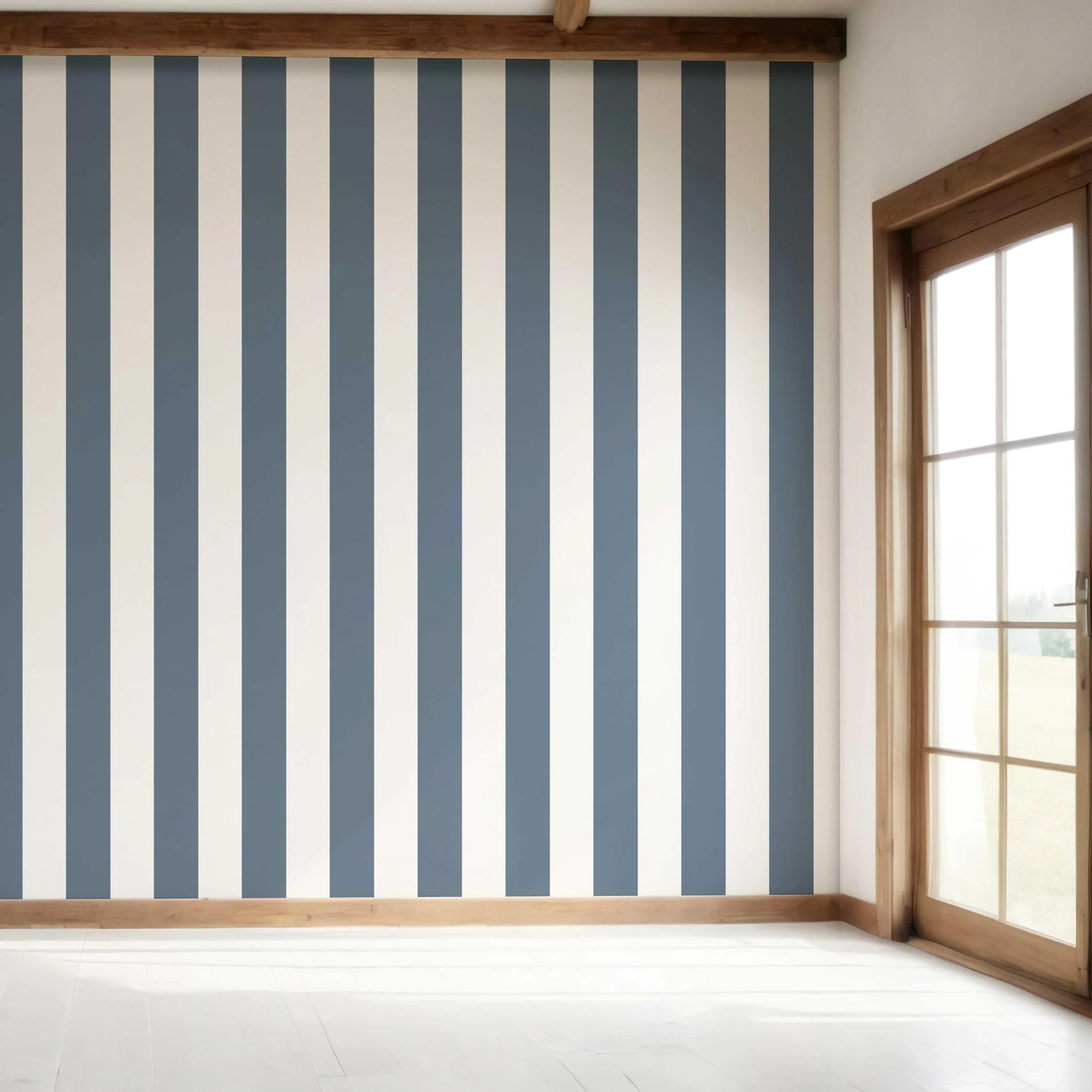 Neutral Geometric Striped Bedroom Wallpaper (Slate Blue/ White)