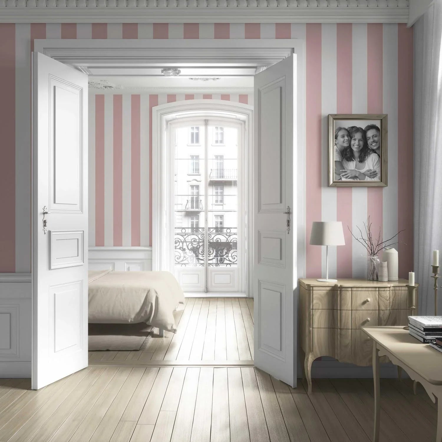 Geometric Striped Living Room Wallpaper Sample (Blush Pink/ White)