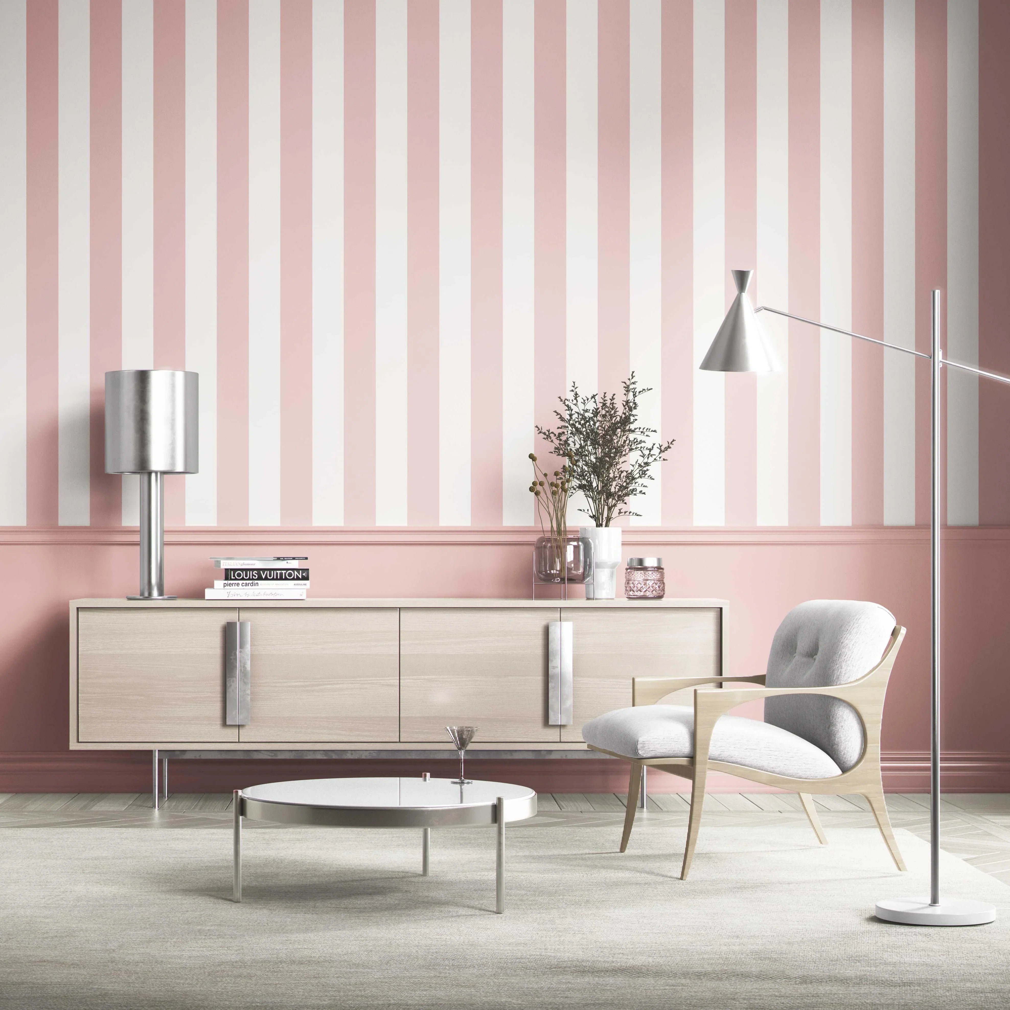 Geometric Striped Nursery Wallpaper Sample (Blush Pink/ White)