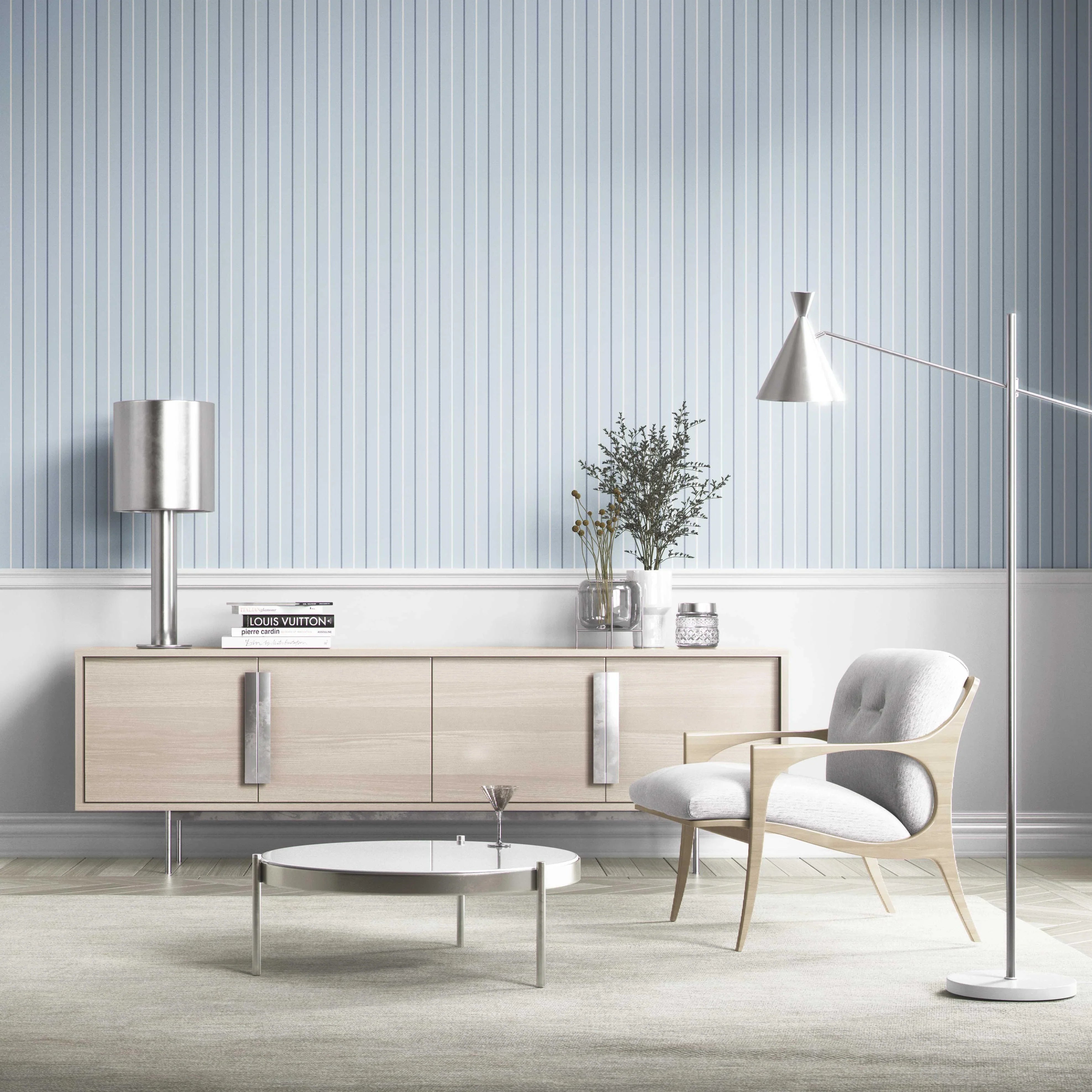 Geometric Striped Bathroom Wallpaper (Blue)