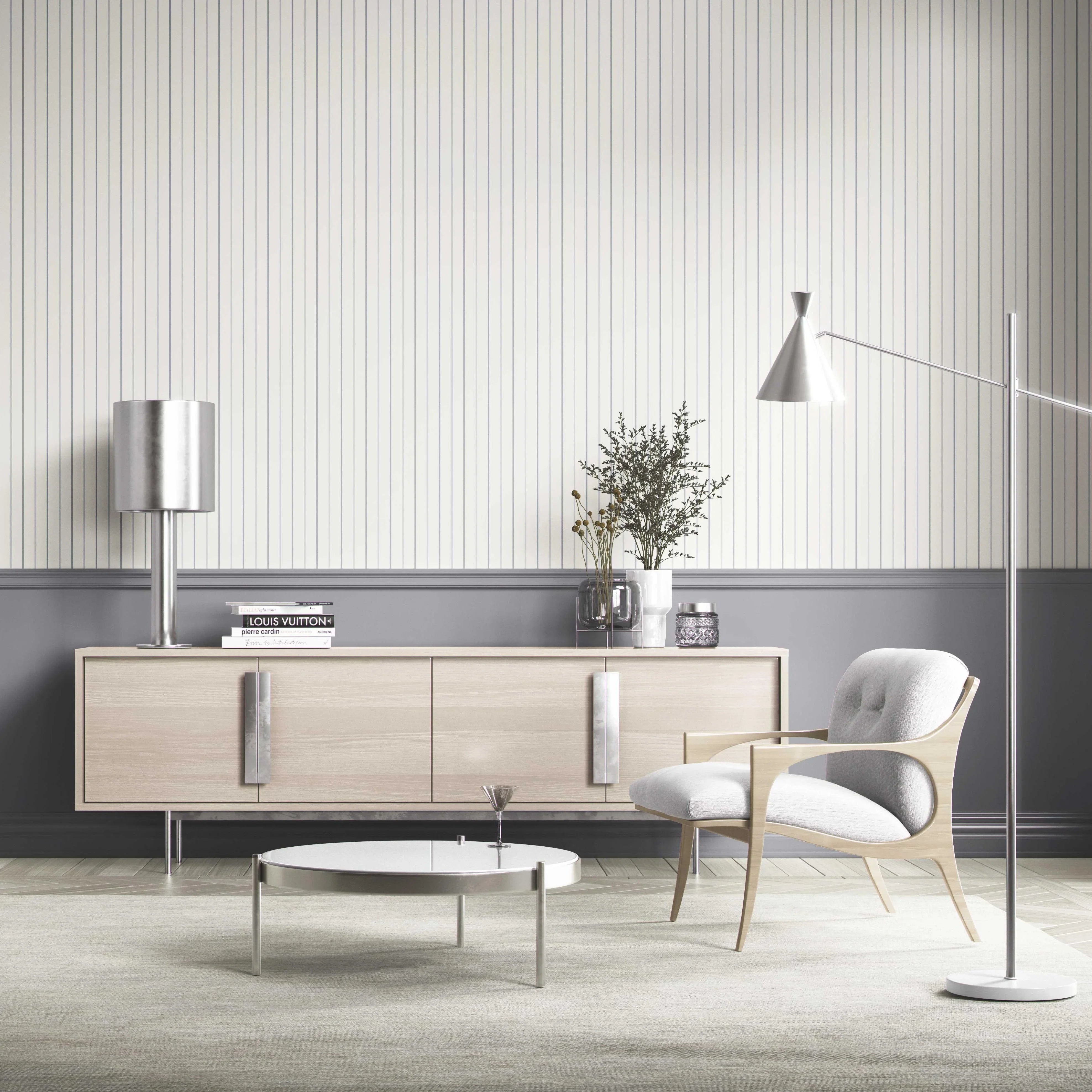 Neutral Geometric Striped Bathroom Wallpaper Sample (Cream/ White/ Grey)