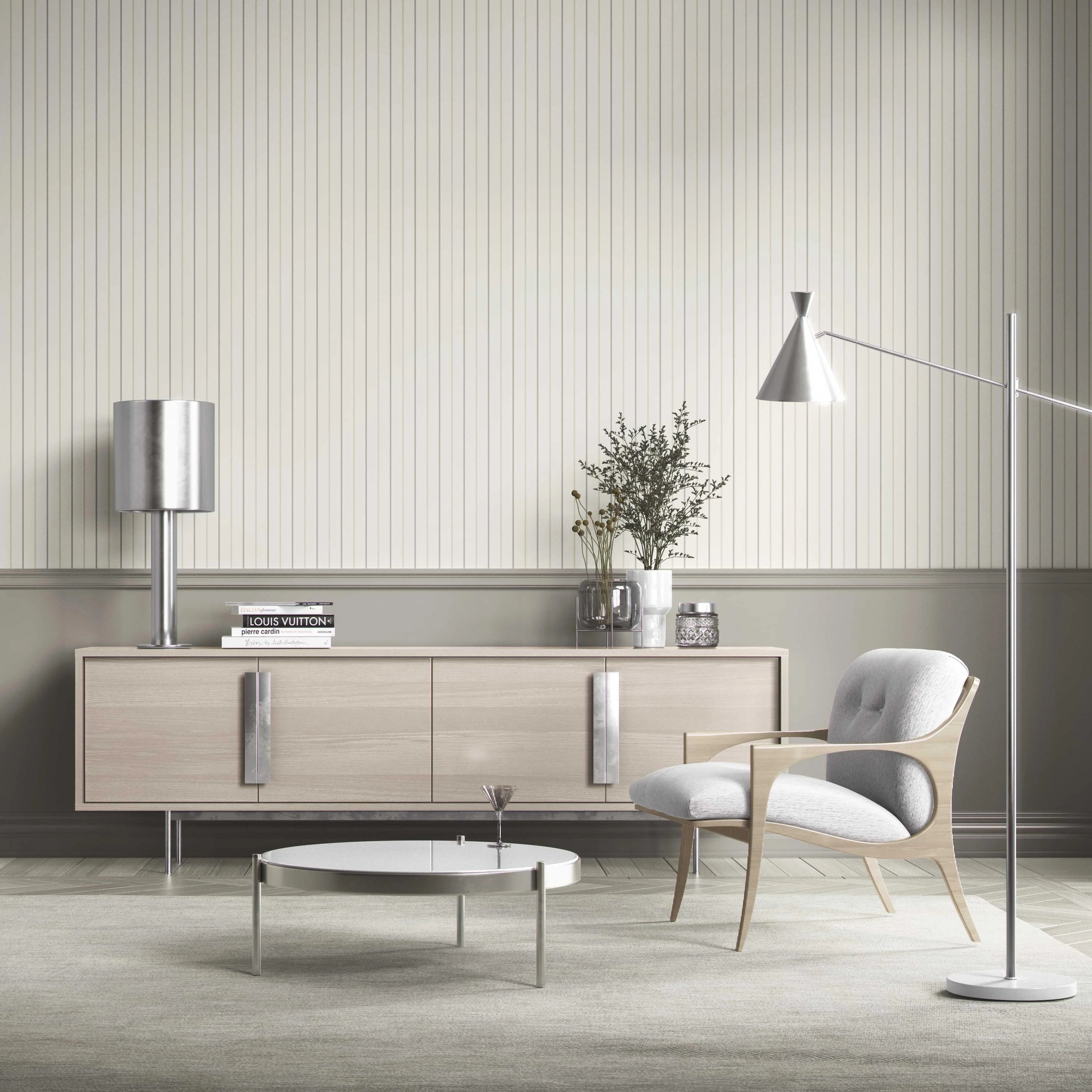Neutral Geometric Striped Bathroom Wallpaper (Sage Grey/ Beige/ Cream)