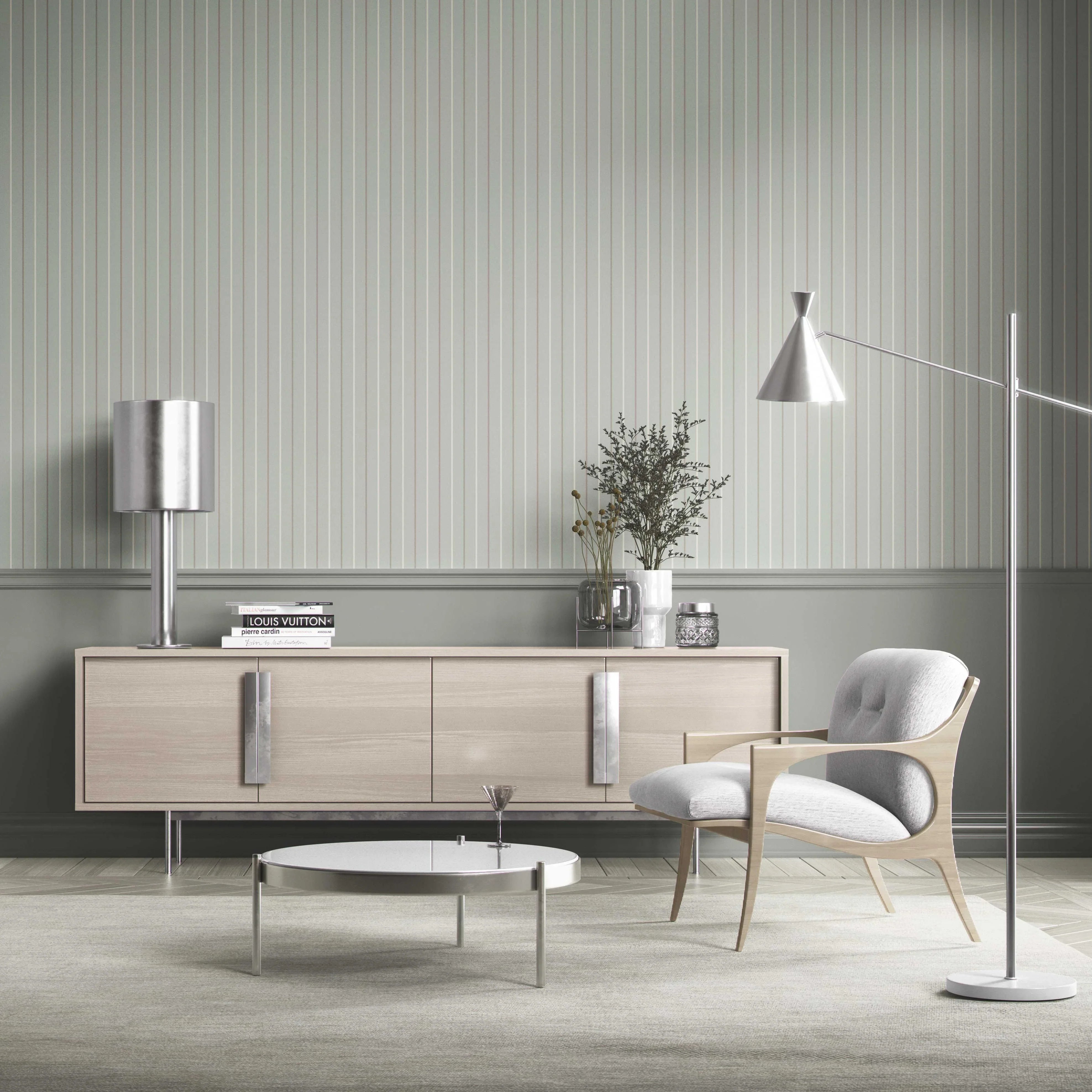 Neutral Geometric Striped Bathroom Wallpaper Sample (Green-Grey)