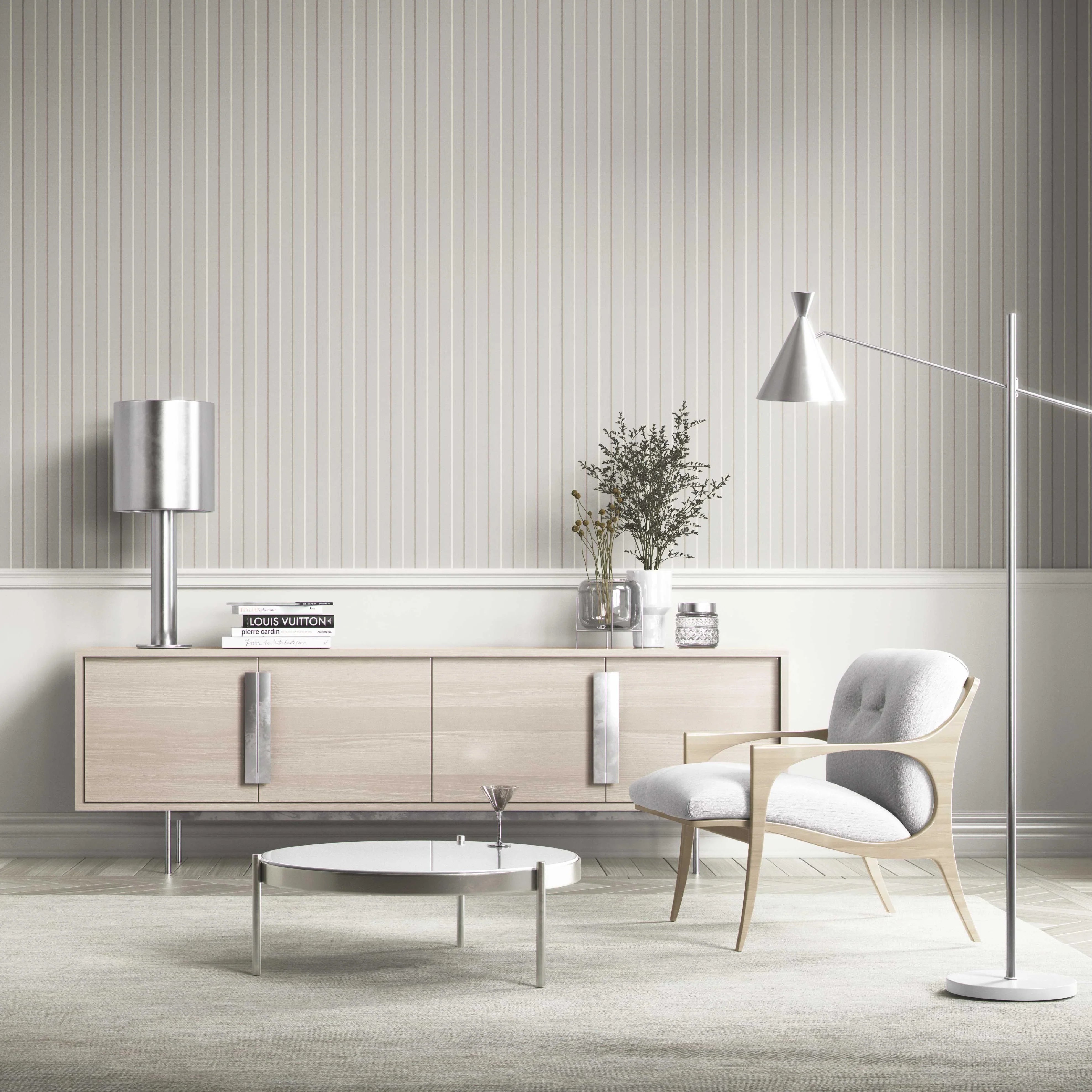 Neutral Geometric Striped Shower Toilet Wallpaper (Grey)