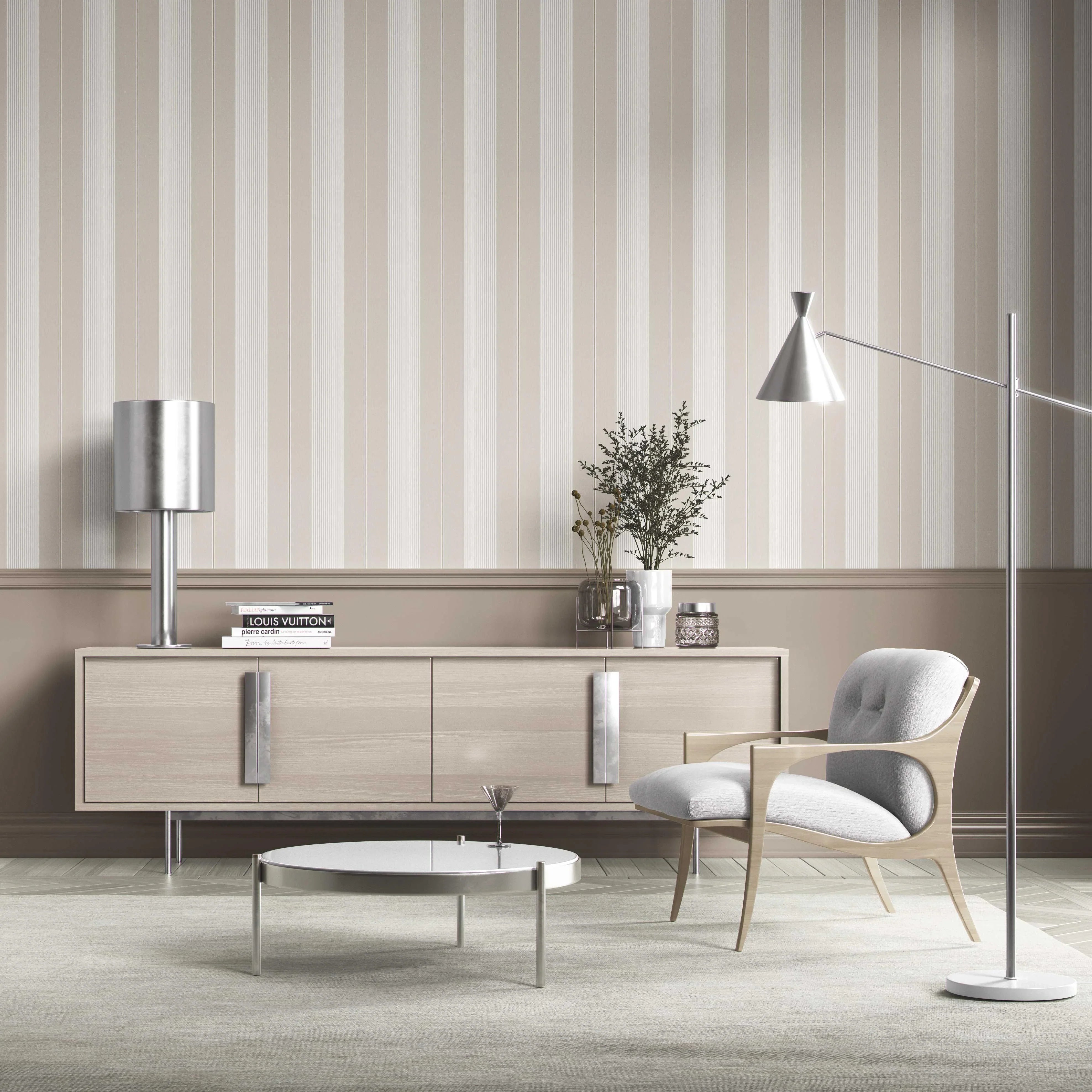 Neutral Geometric Striped Kitchen Wallpaper (Greige/ Beige/ Warm Grey)
