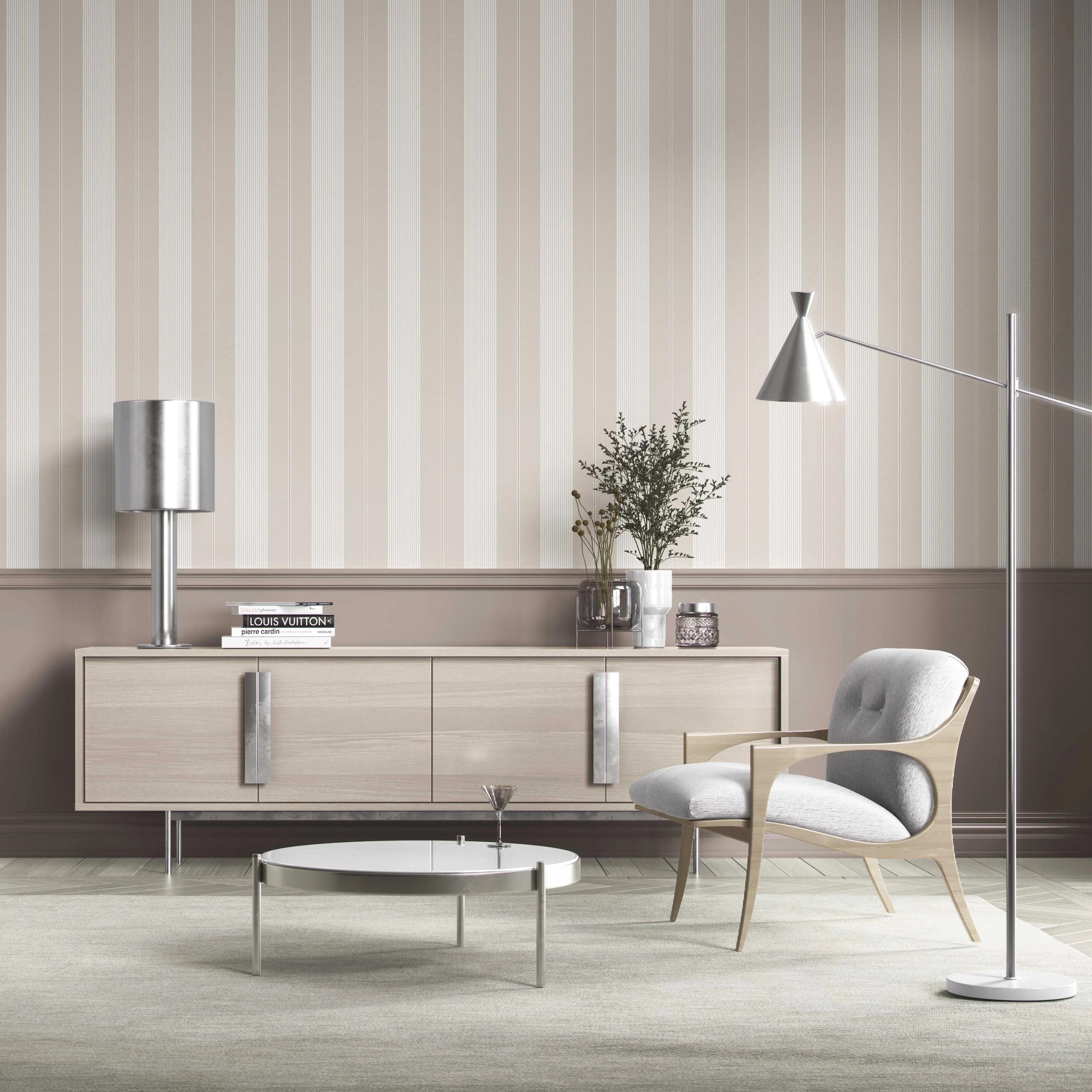 Neutral Geometric Striped Kitchen Wallpaper Sample (Beige/ Greige/ Warm Grey)