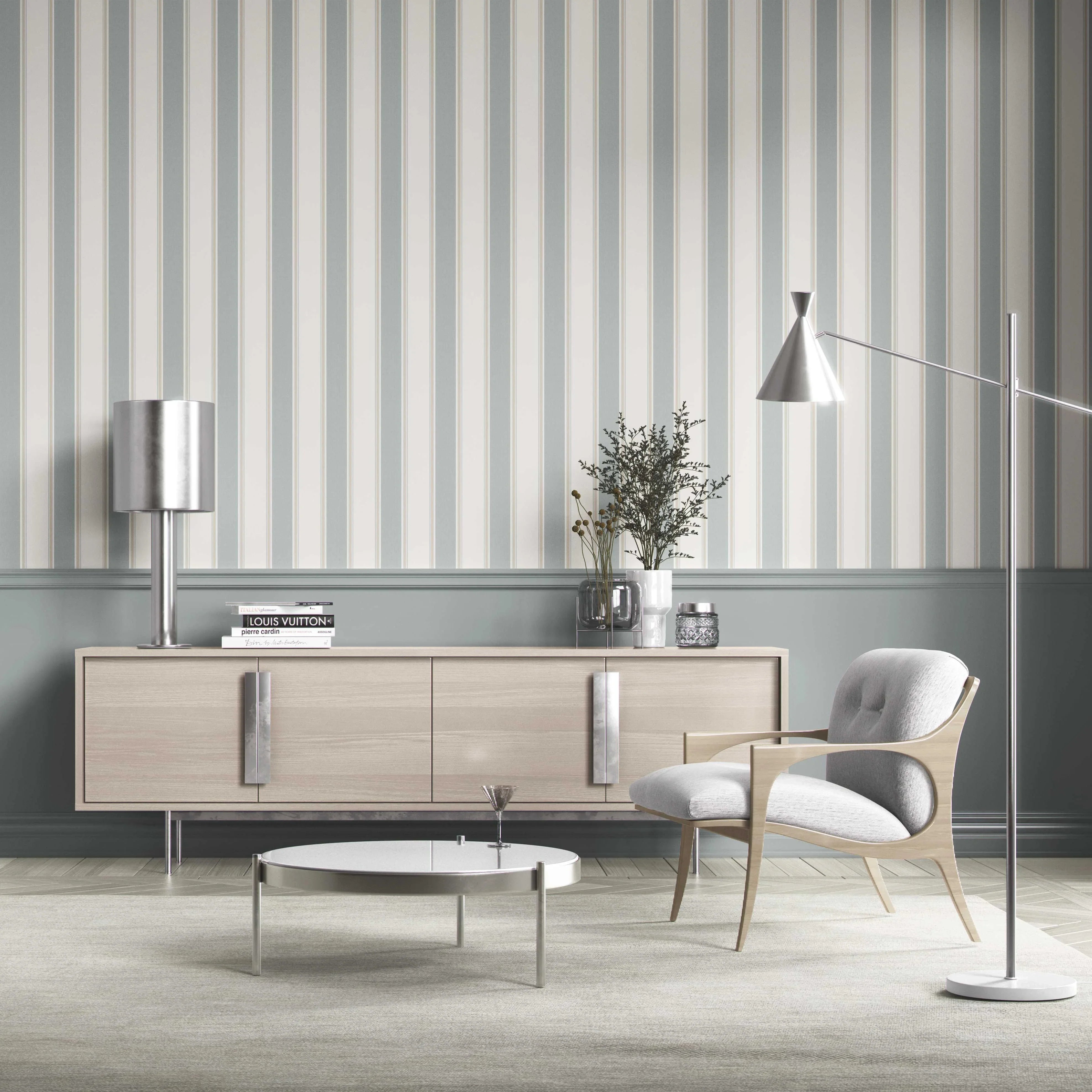 Geometric Striped Shower Toilet Wallpaper Sample (Mint Green/ Grey)
