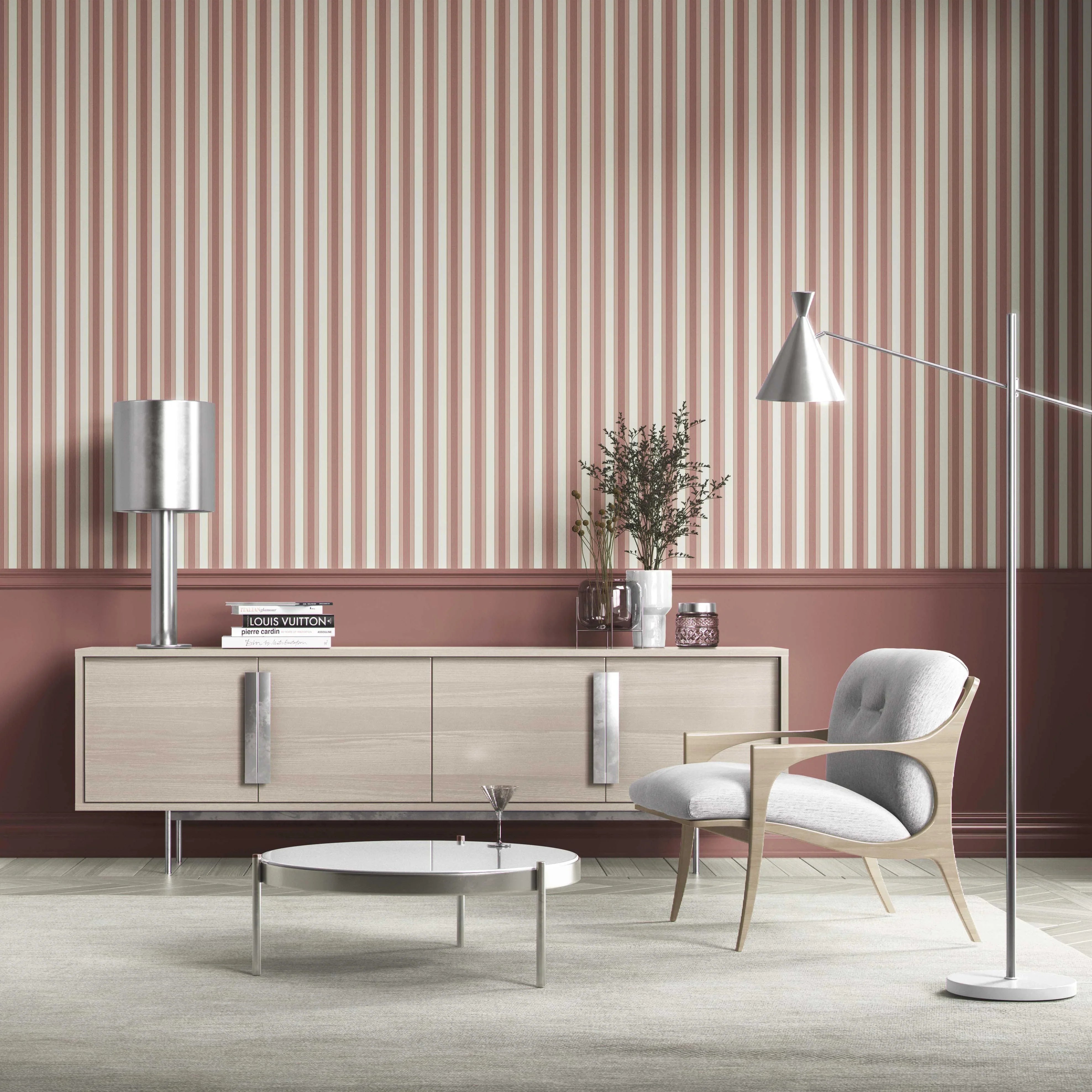 Geometric Striped Nursery Wallpaper (Brick Red/ Dusty Pink)