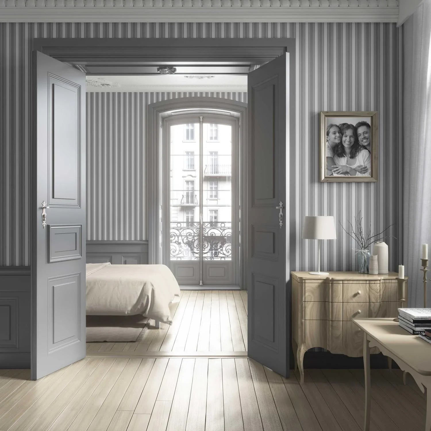 Neutral Geometric Striped Kitchen Wallpaper Sample (Grey)