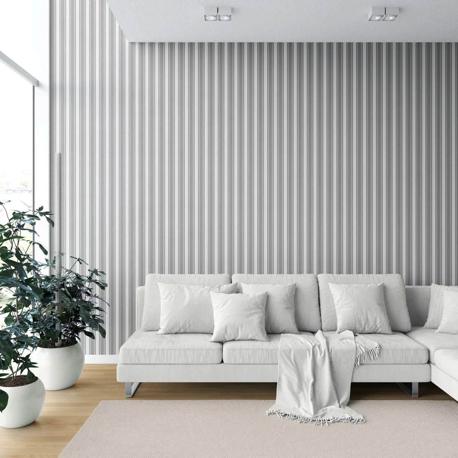 Neutral Geometric Striped Nursery Wallpaper Sample (Grey)