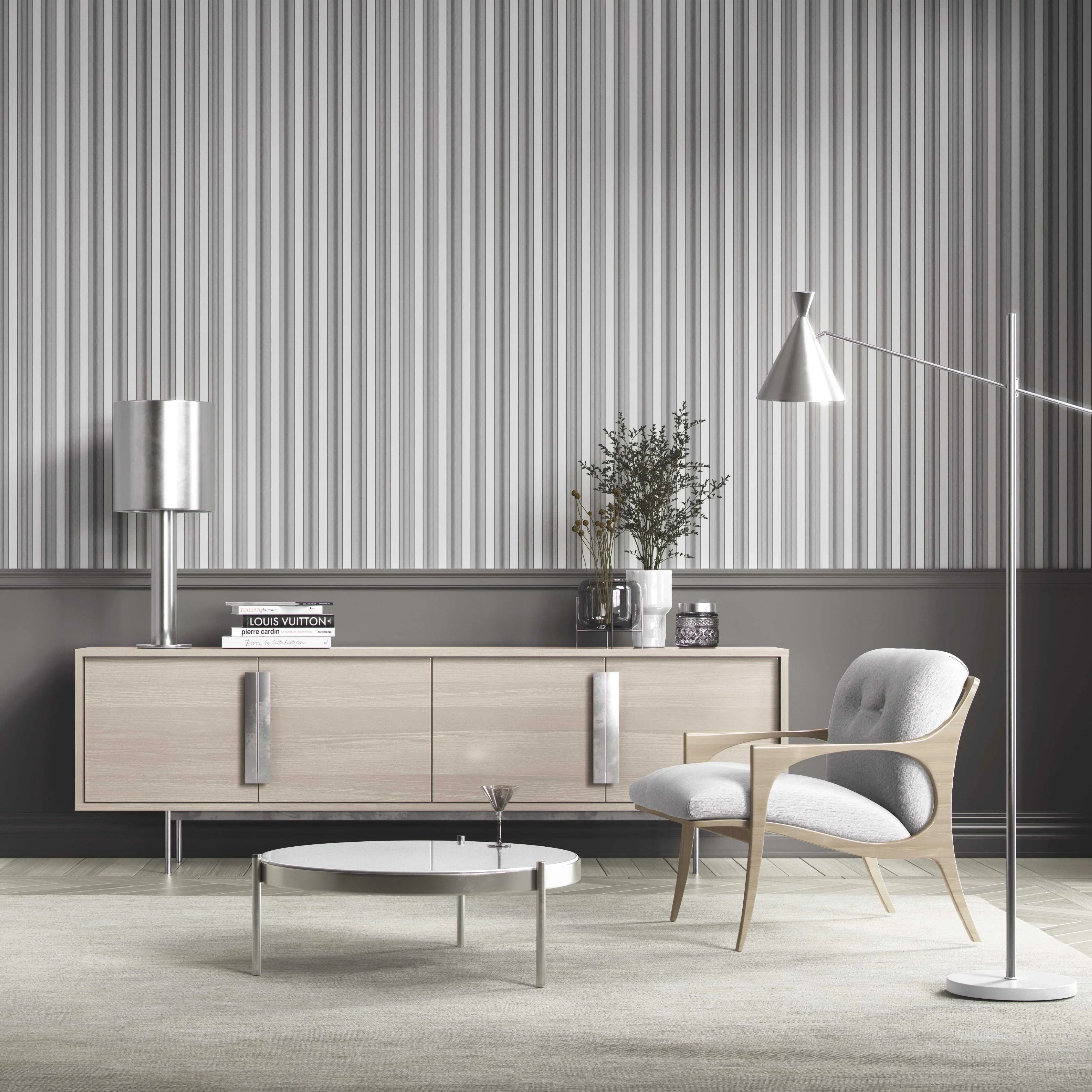 Neutral Geometric Striped Shower Toilet Wallpaper Sample (Grey)