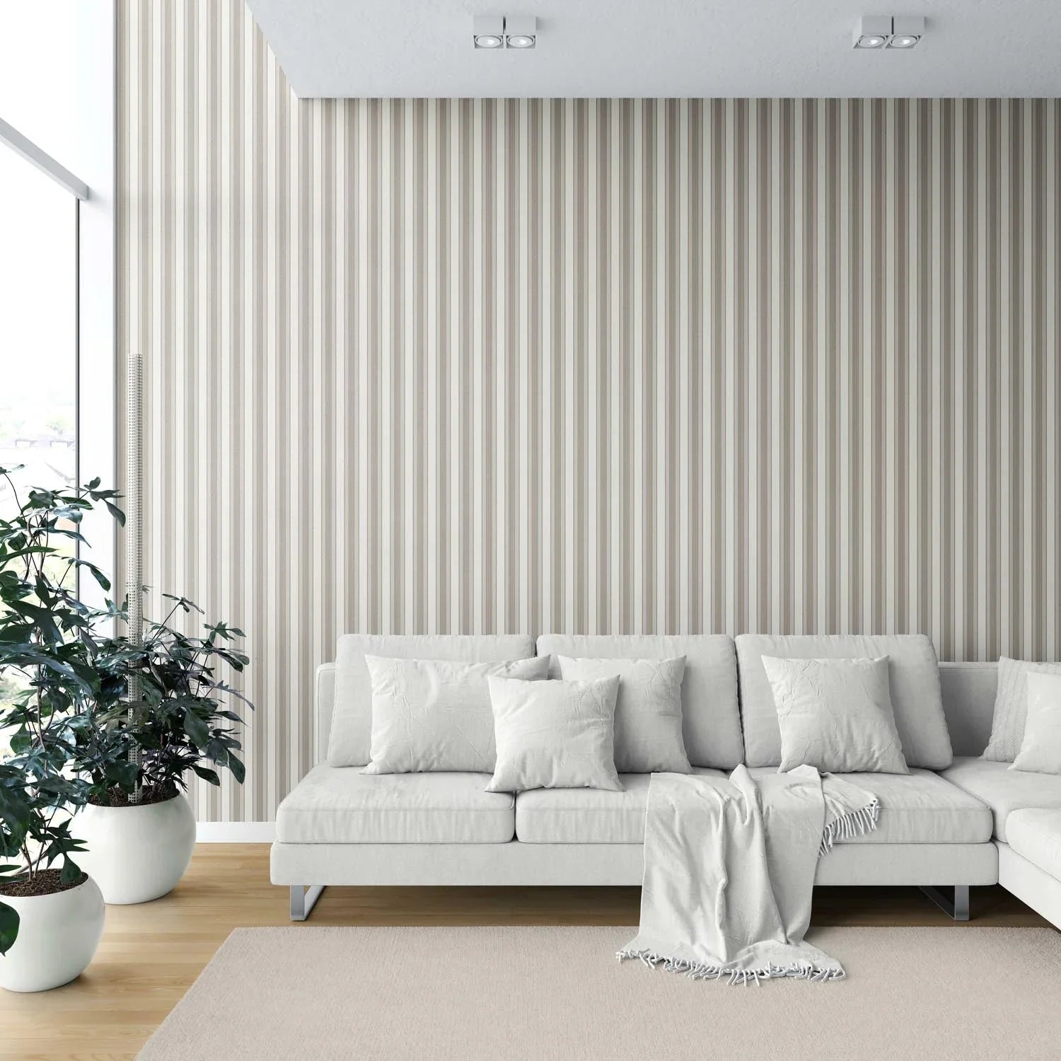 Neutral Geometric Striped Nursery Wallpaper Sample (Beige/ Brown/ Warm Grey)