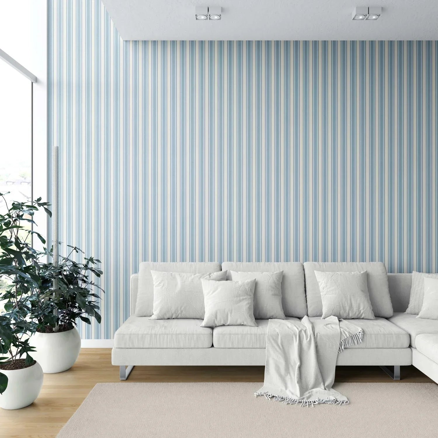 Geometric Striped Kitchen Wallpaper (Blue/ Cream)