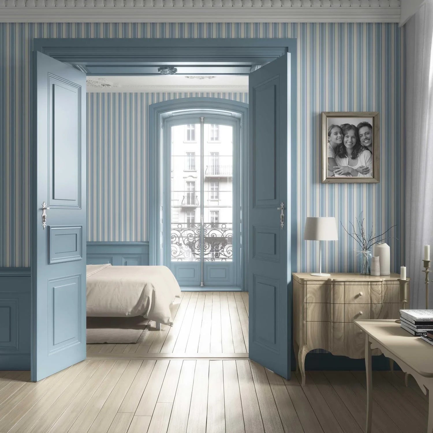 Geometric Striped Living Room Wallpaper Sample (Blue/ Cream)