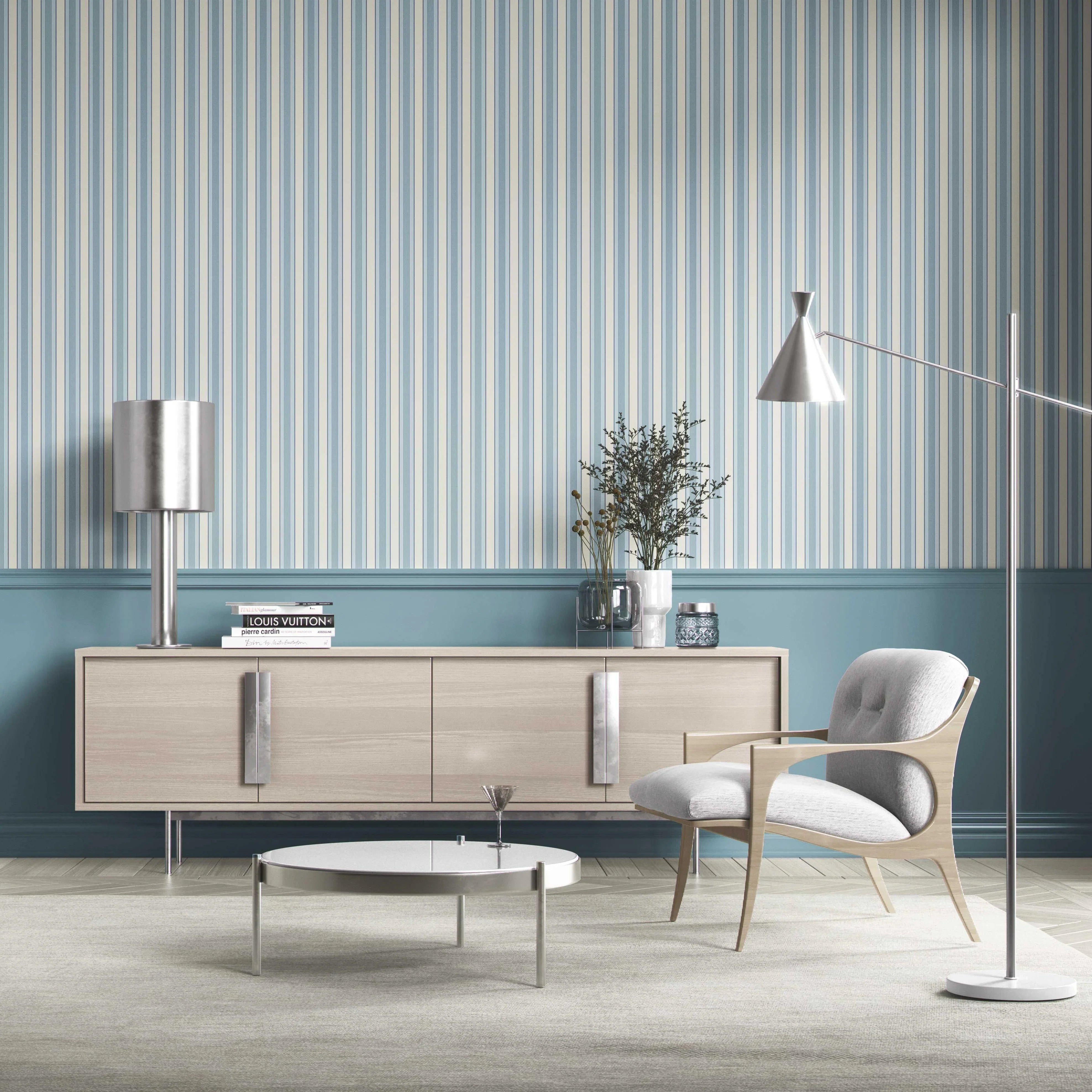 Geometric Striped Shower Toilet Wallpaper Sample (Blue/ Cream)