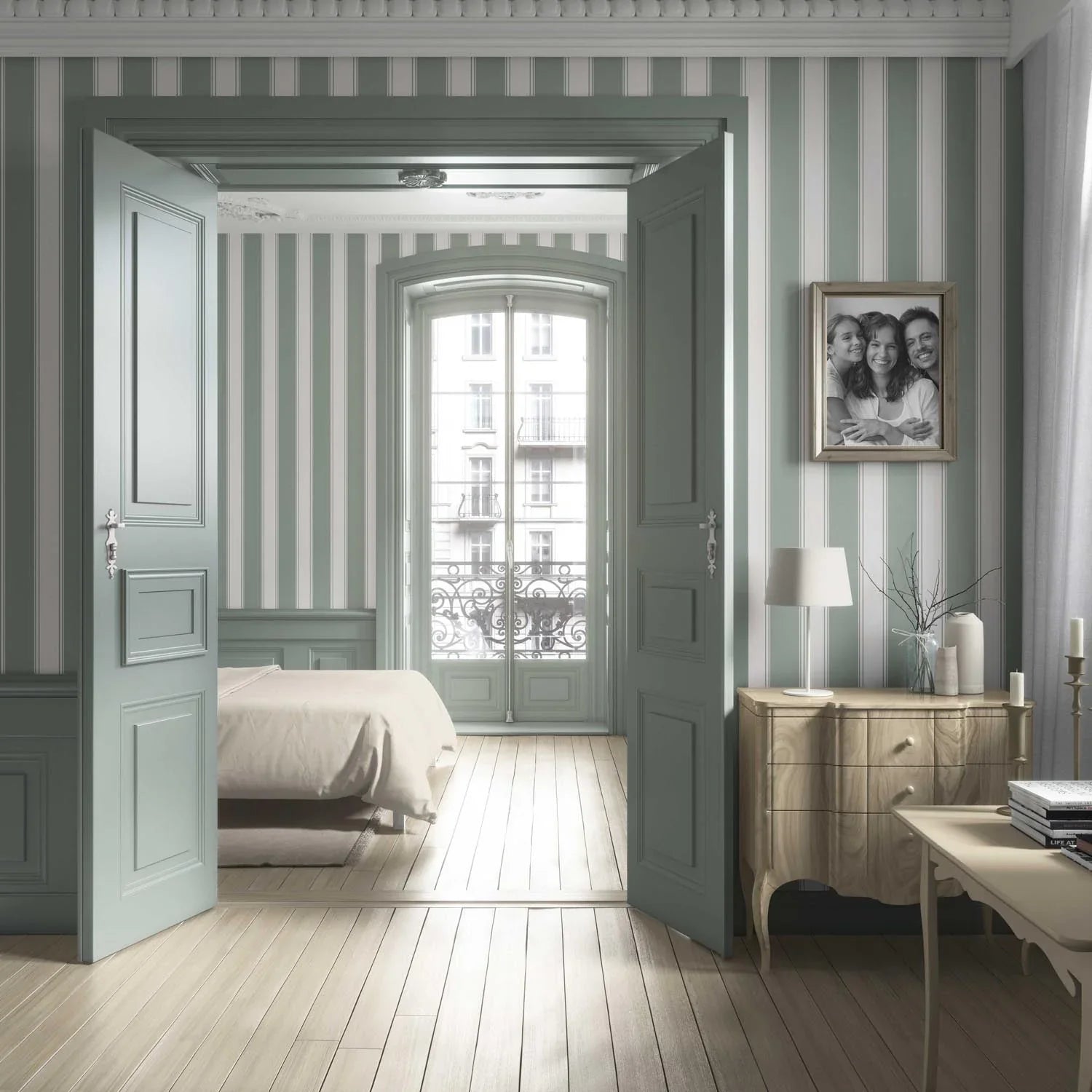 Geometric Striped Living Room Wallpaper (Sage Green/ Grey)