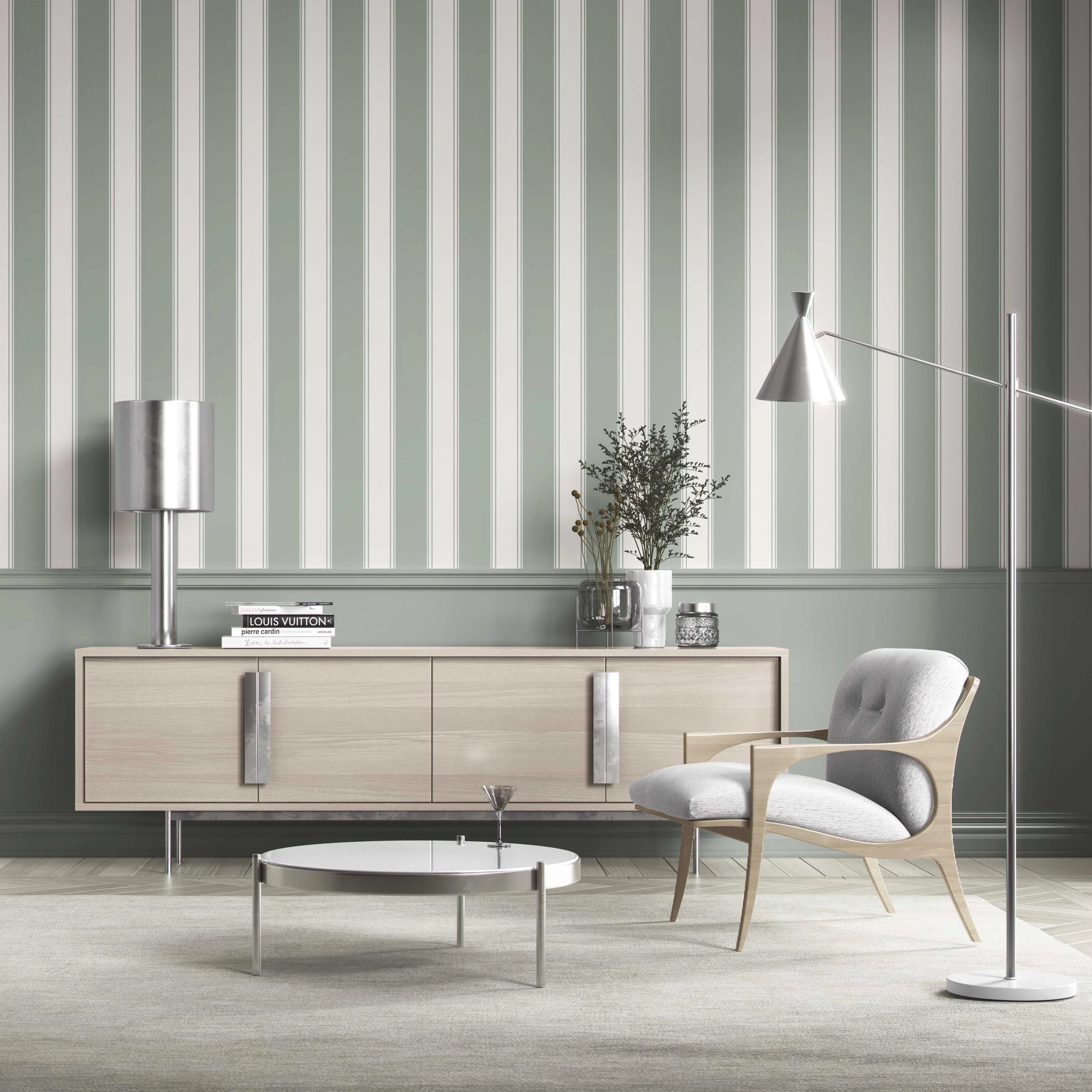 Geometric Striped Shower Toilet Wallpaper (Sage Green/ Grey)