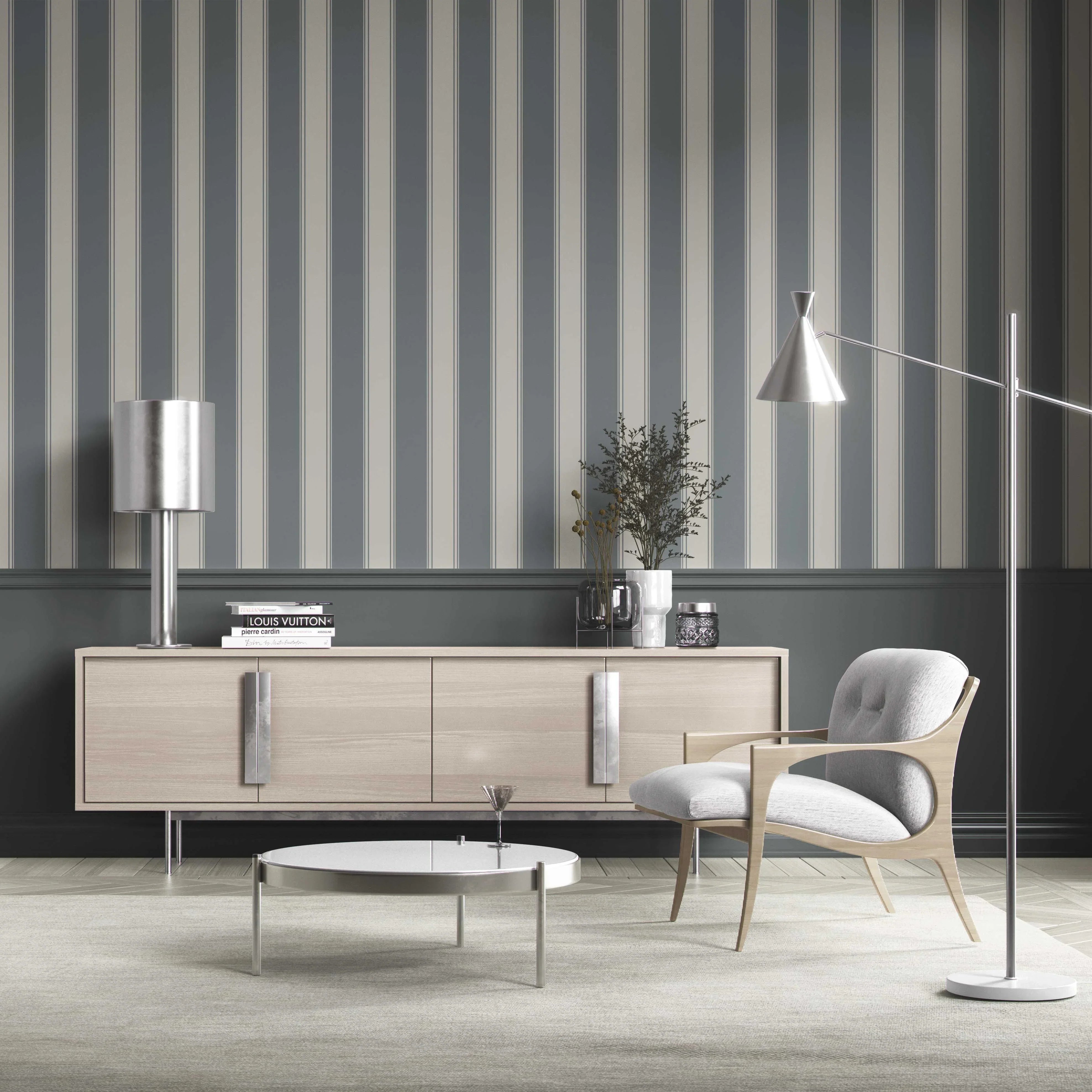 Neutral Geometric Striped Kitchen Wallpaper Sample (Slate Grey)