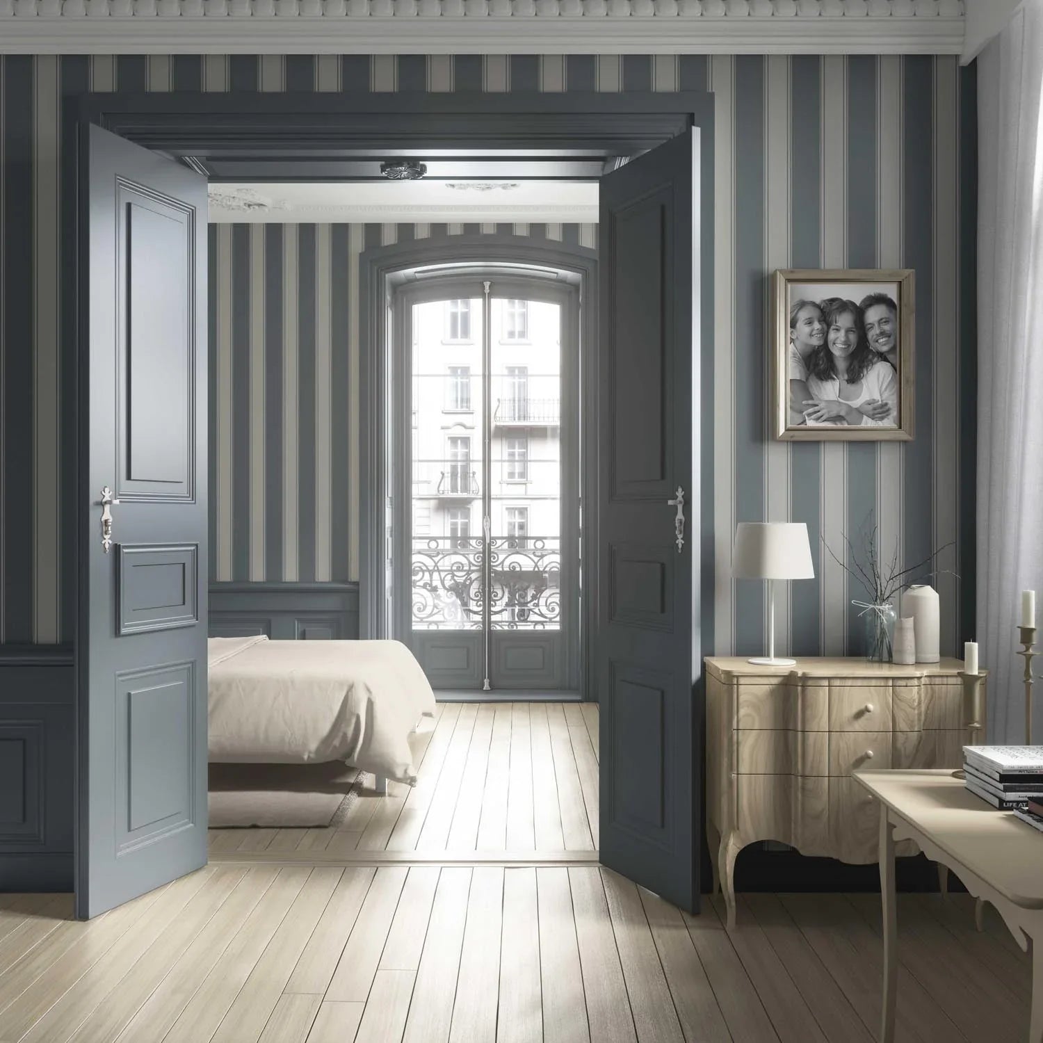 Neutral Geometric Striped Living Room Wallpaper Sample (Slate Grey)