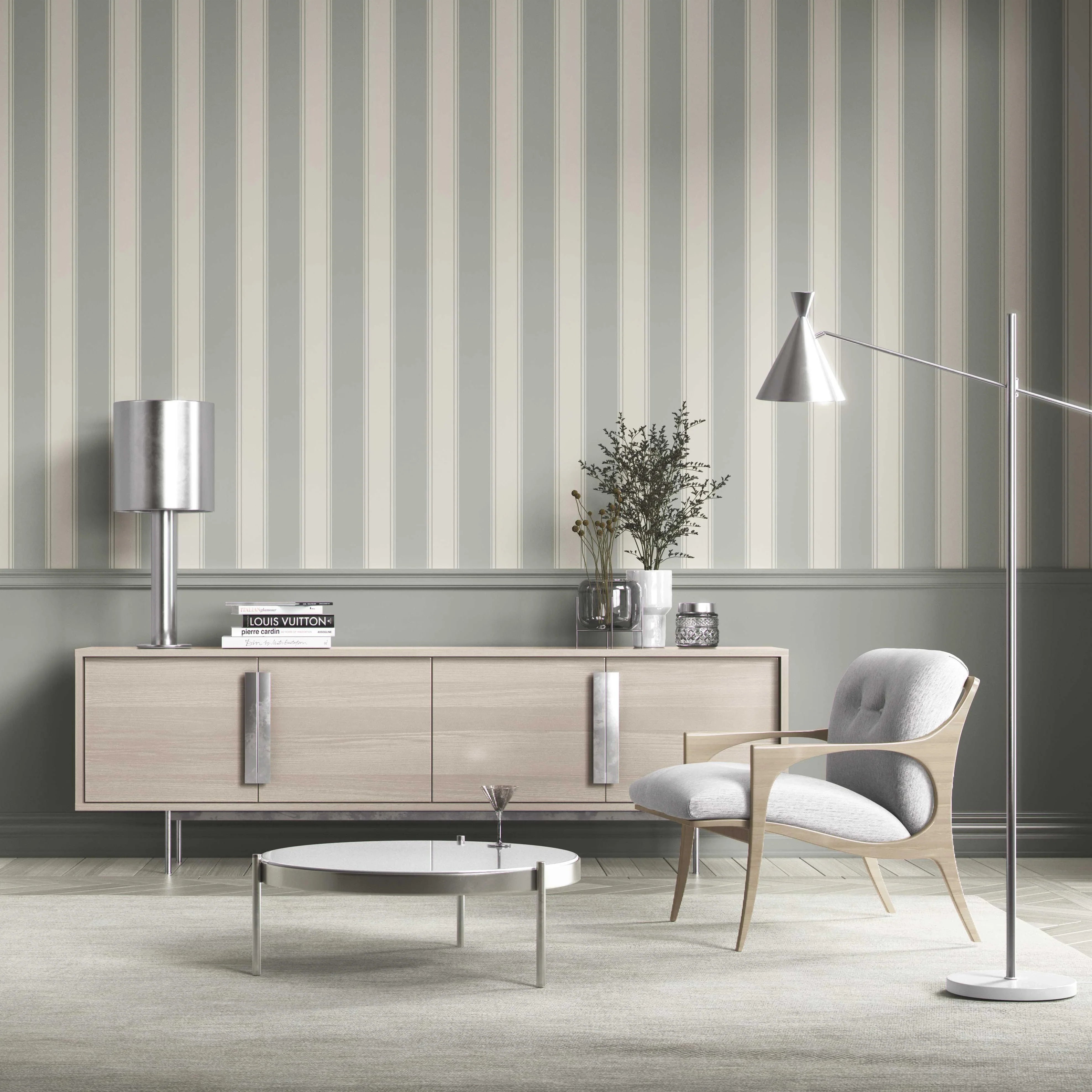 Neutral Geometric Striped Kitchen Wallpaper Sample (Sage Grey)