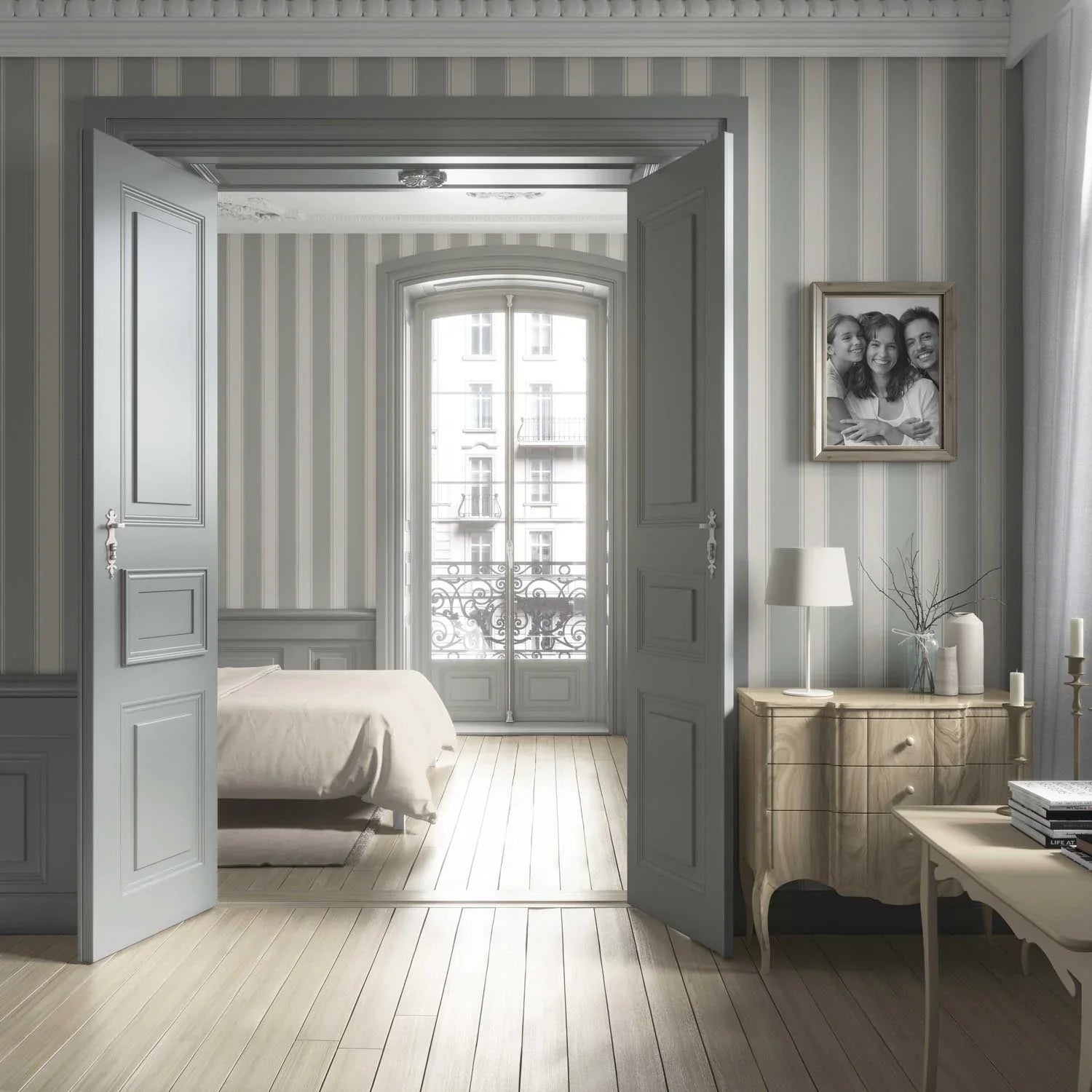 Neutral Geometric Striped Living Room Wallpaper Sample (Sage Grey)