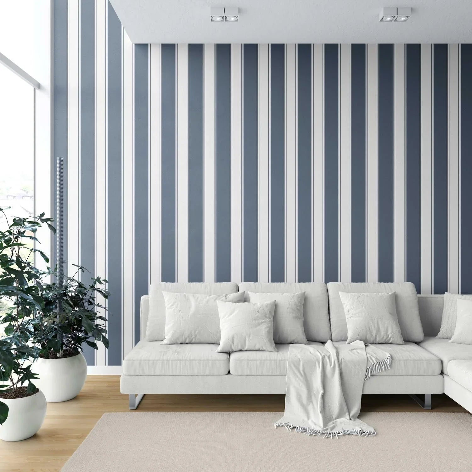Geometric Striped Kitchen Wallpaper Sample (Navy Blue)
