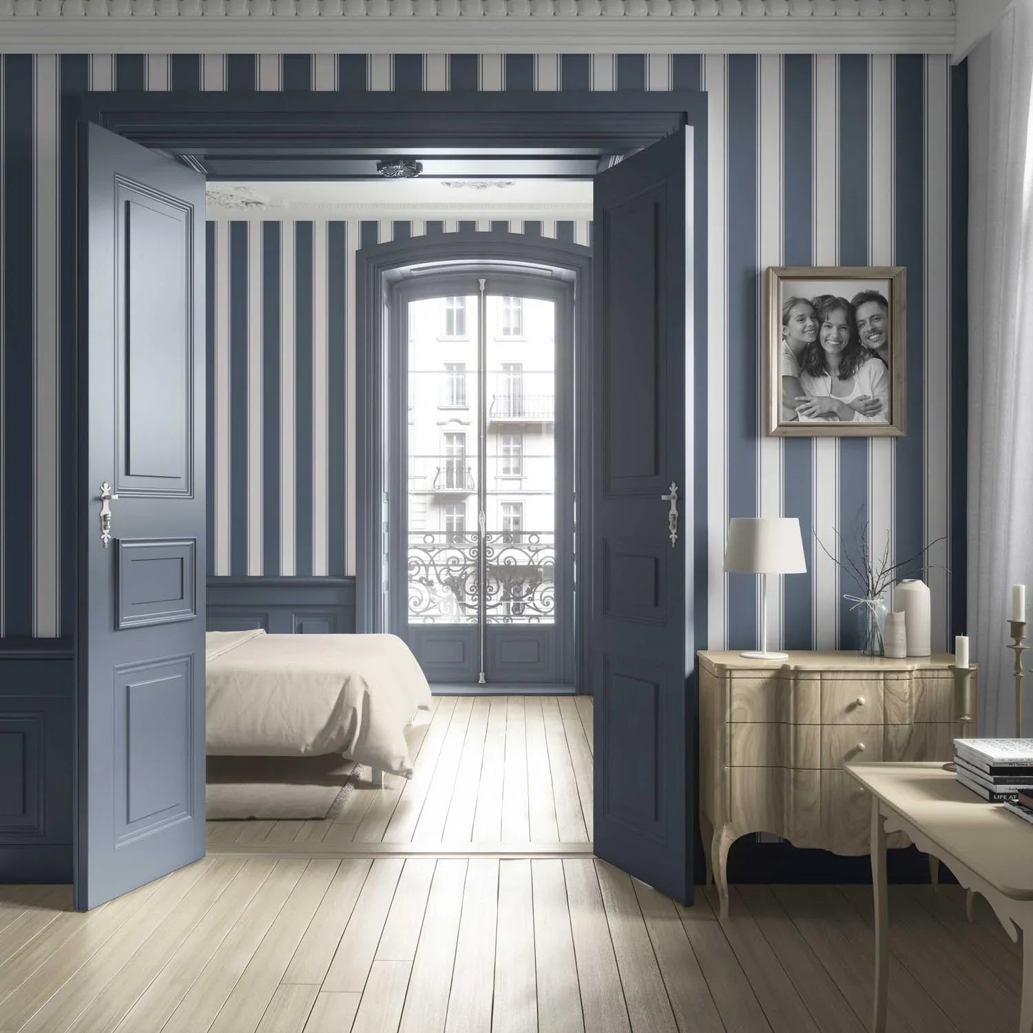 Geometric Striped Living Room Wallpaper Sample (Navy Blue)