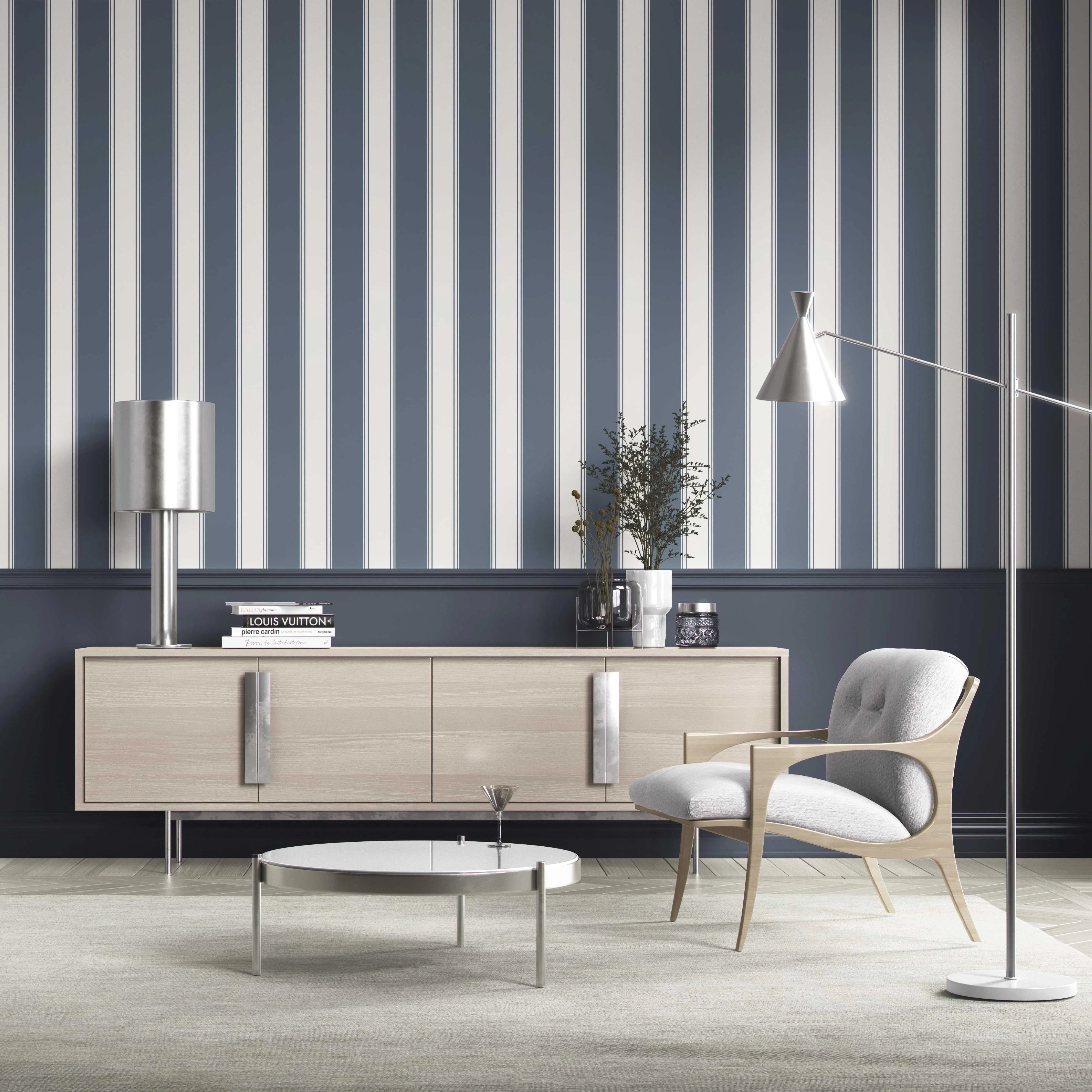 Geometric Striped Shower Toilet Wallpaper Sample (Navy Blue)