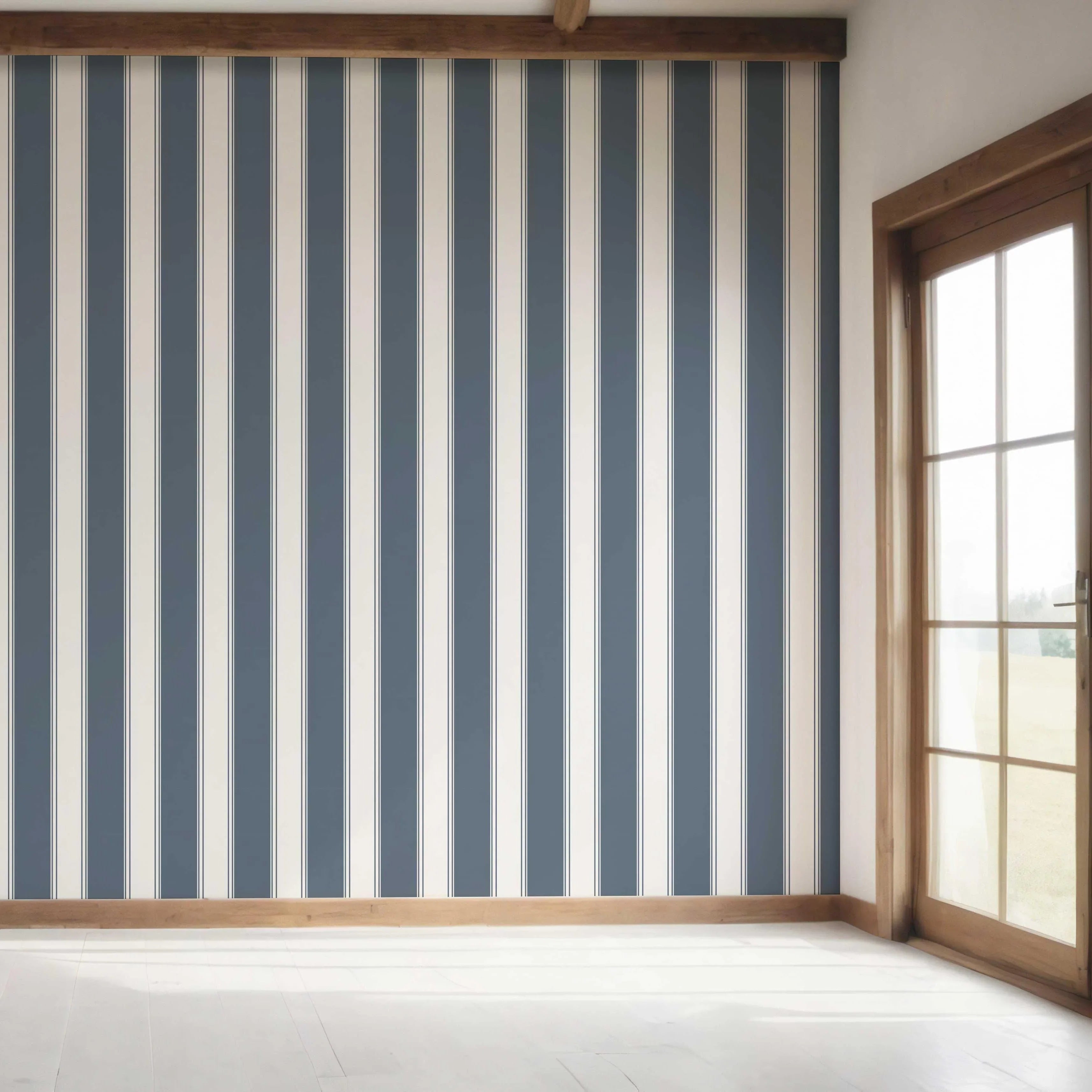 Geometric Striped Bedroom Wallpaper Sample (Navy Blue)