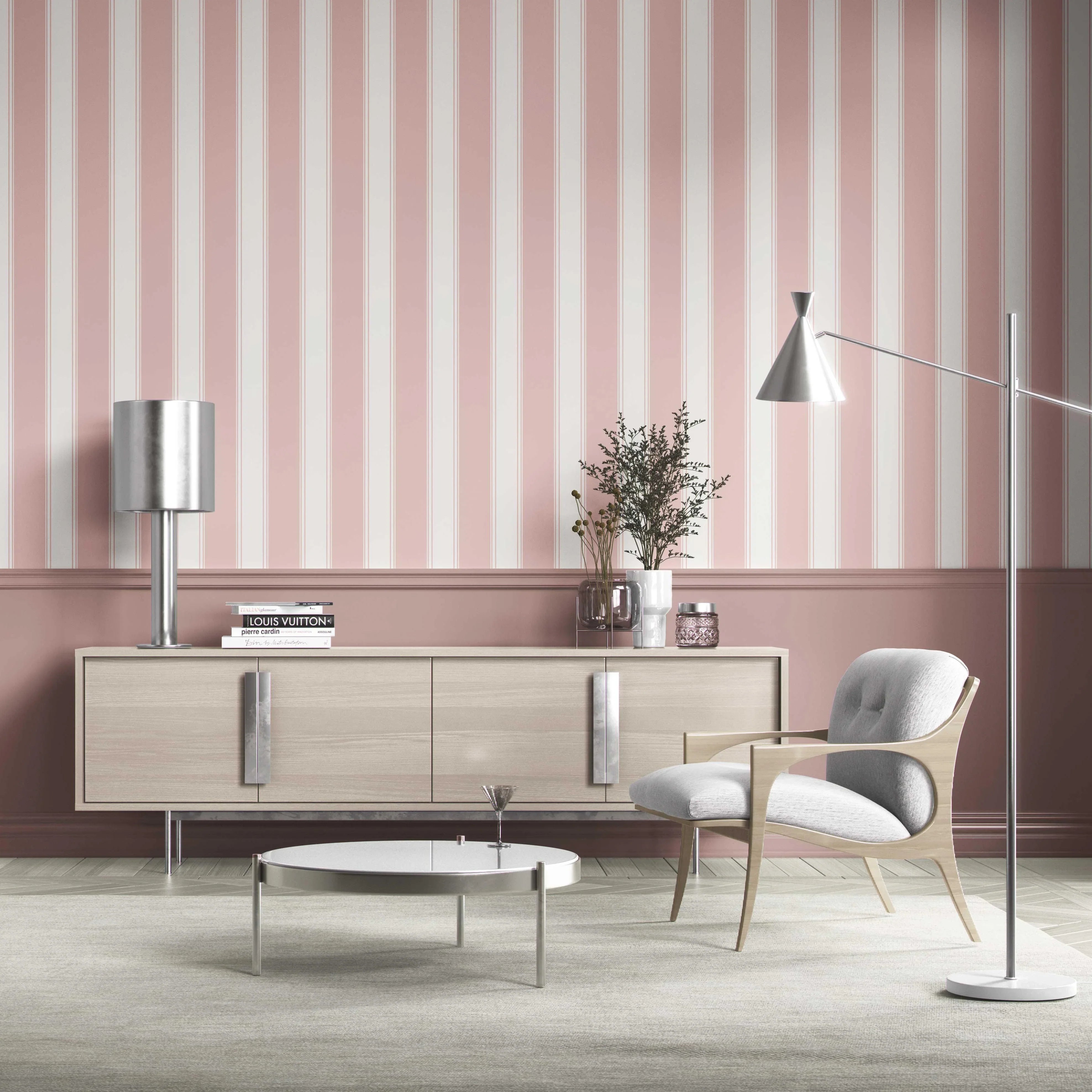 Geometric Striped Shower Toilet Wallpaper Sample (Pink)