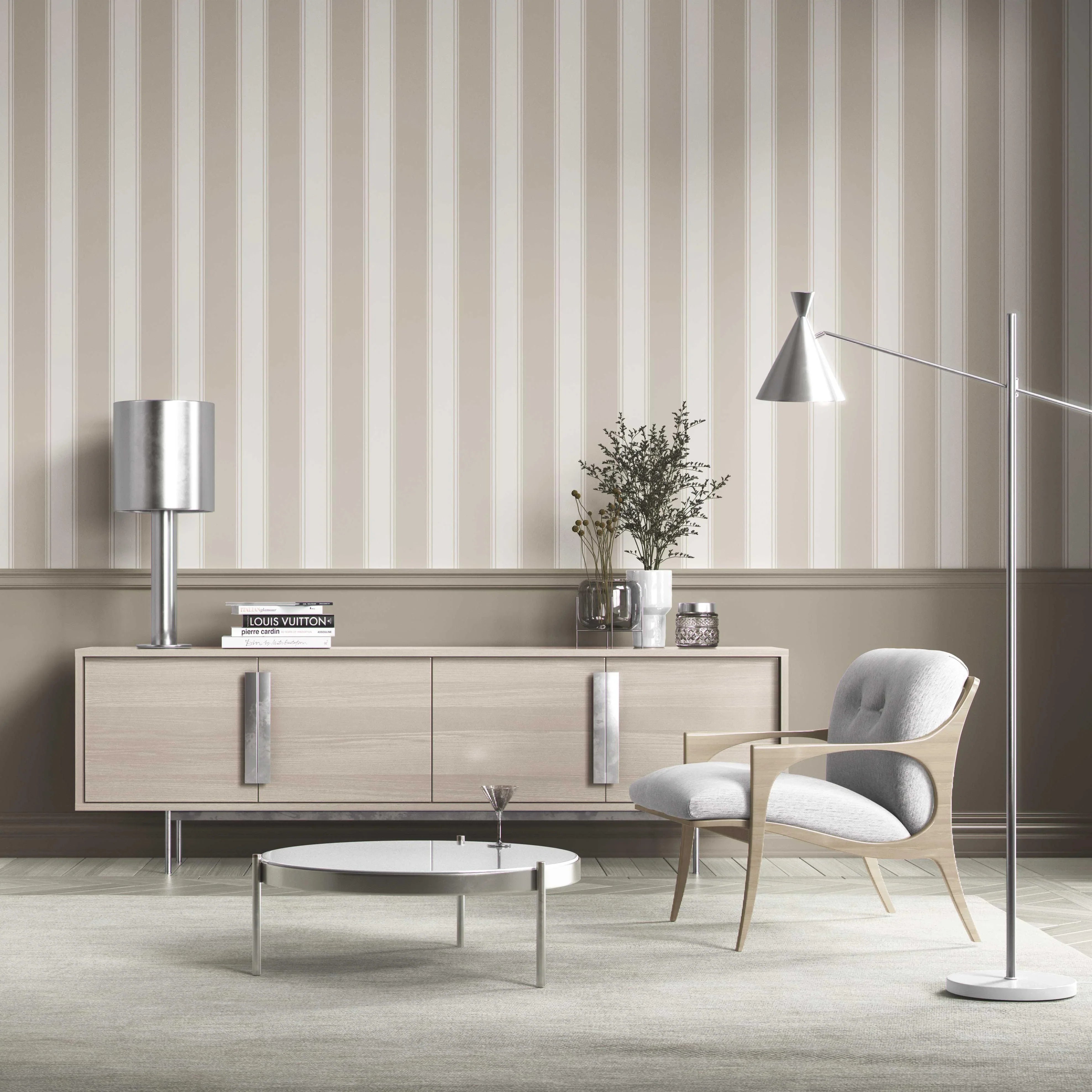 Neutral Geometric Striped Kitchen Wallpaper Sample (Greige/ Taupe/ Warm Grey)