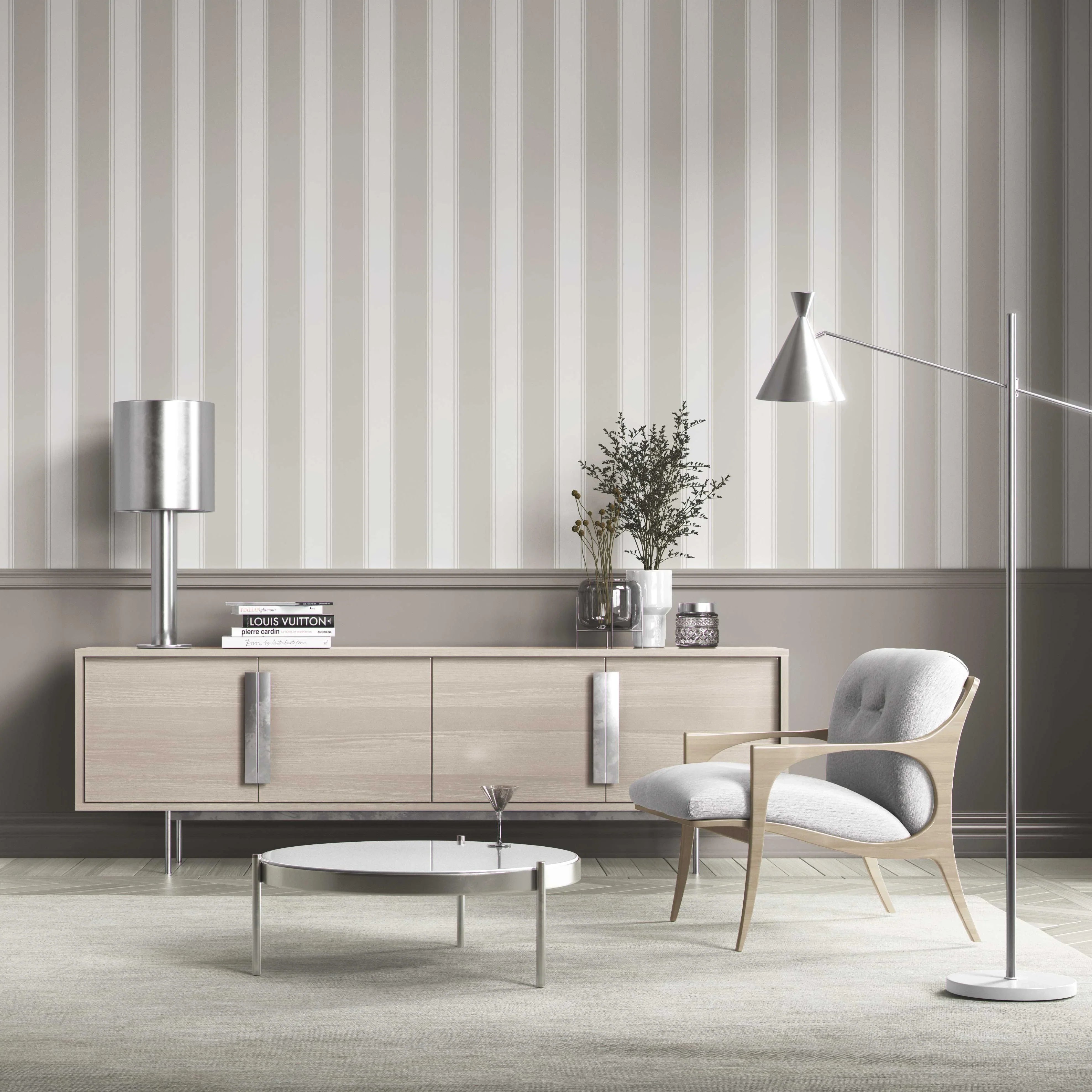 Neutral Geometric Striped Kitchen Wallpaper Sample (Greige/ Warm Grey)