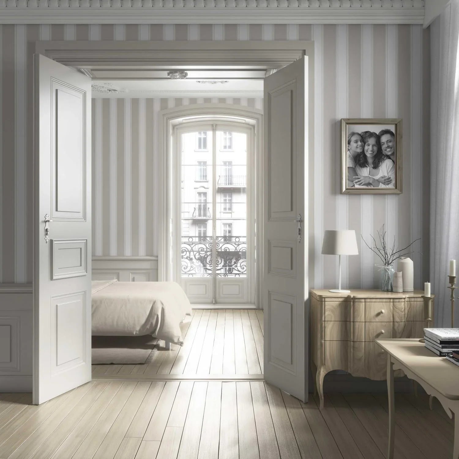 Neutral Geometric Striped Living Room Wallpaper Sample (Greige/ Warm Grey)