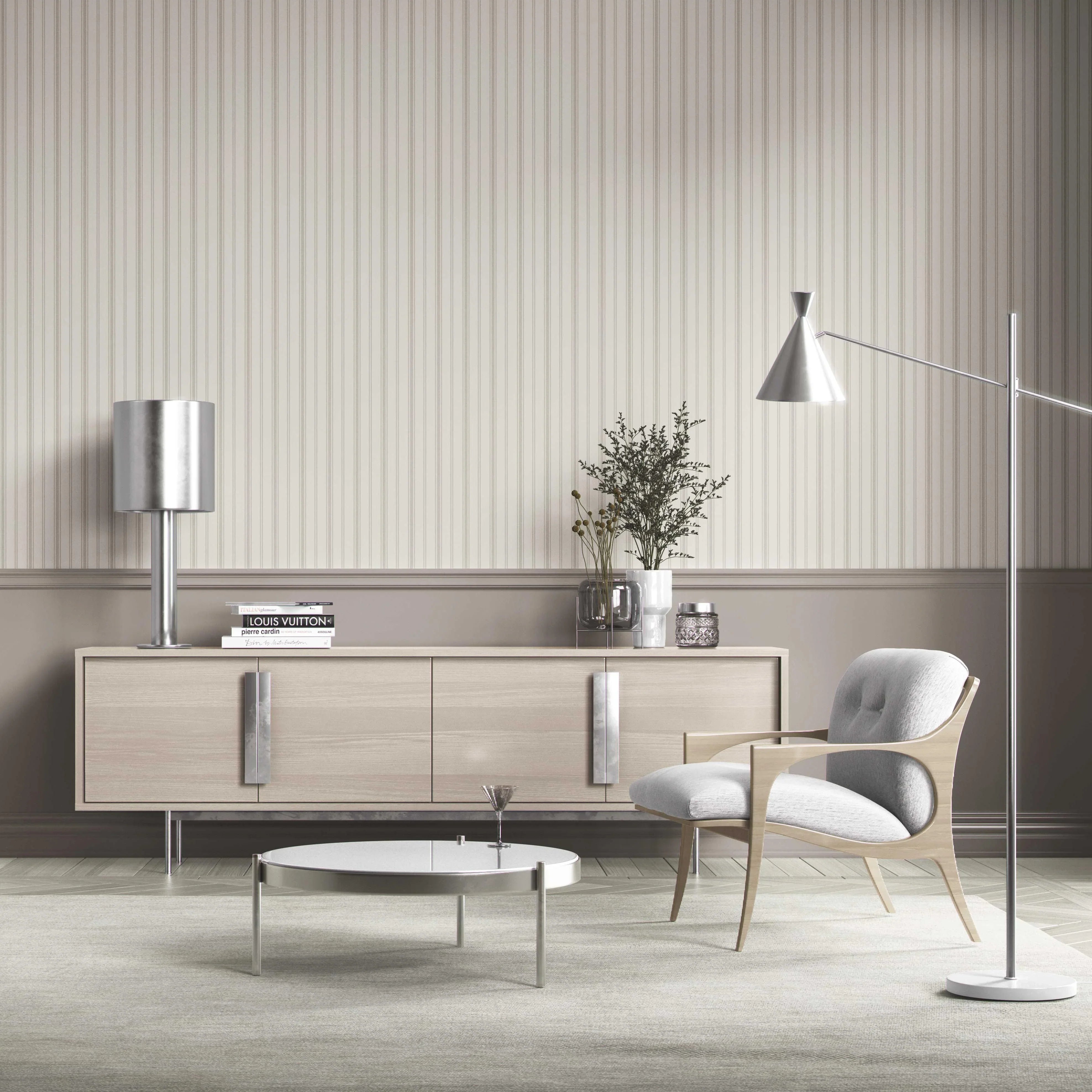 Neutral Geometric Striped Bathroom Wallpaper Sample (Cream/ Beige/ Grey)