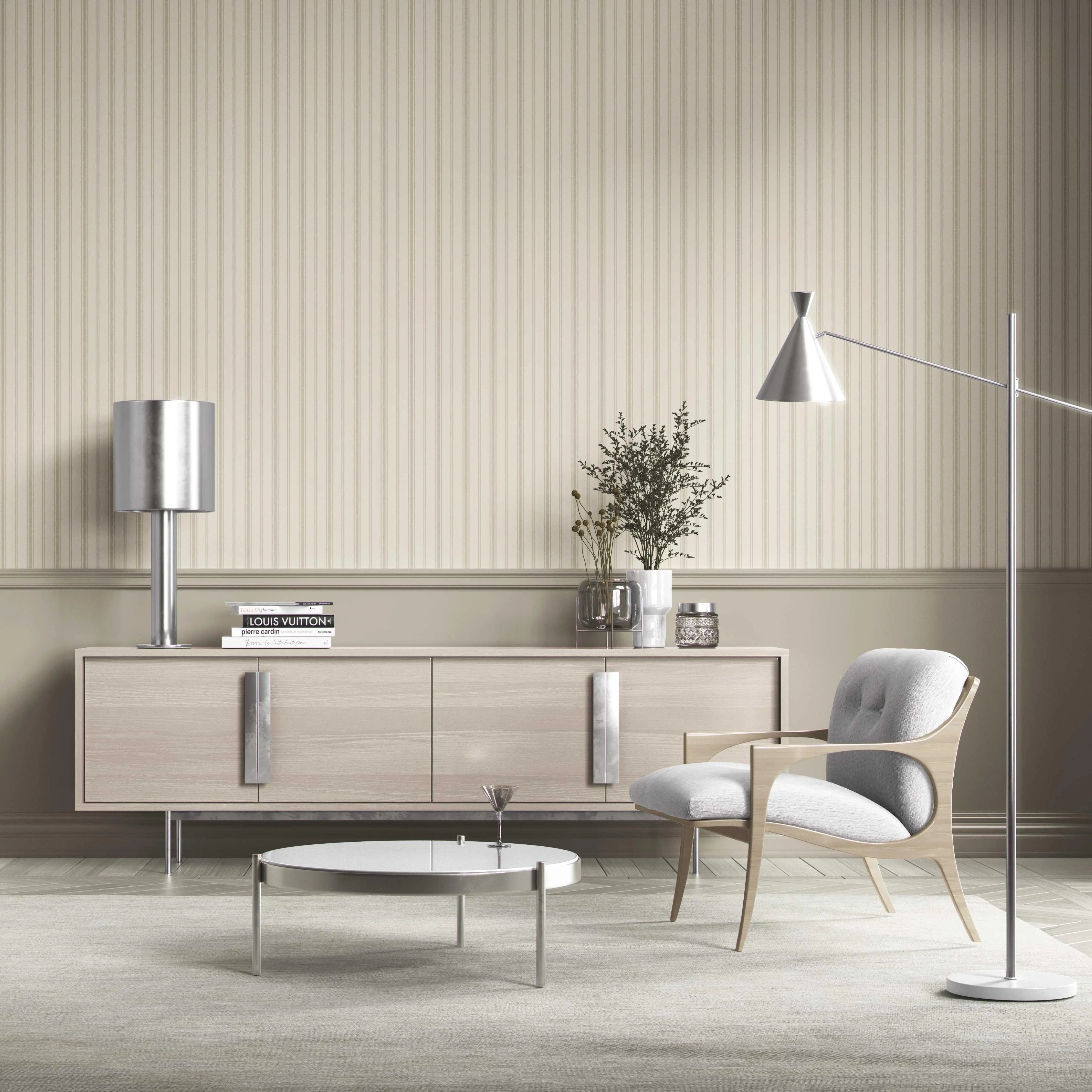Neutral Geometric Striped Bathroom Wallpaper (Beige/ Taupe)