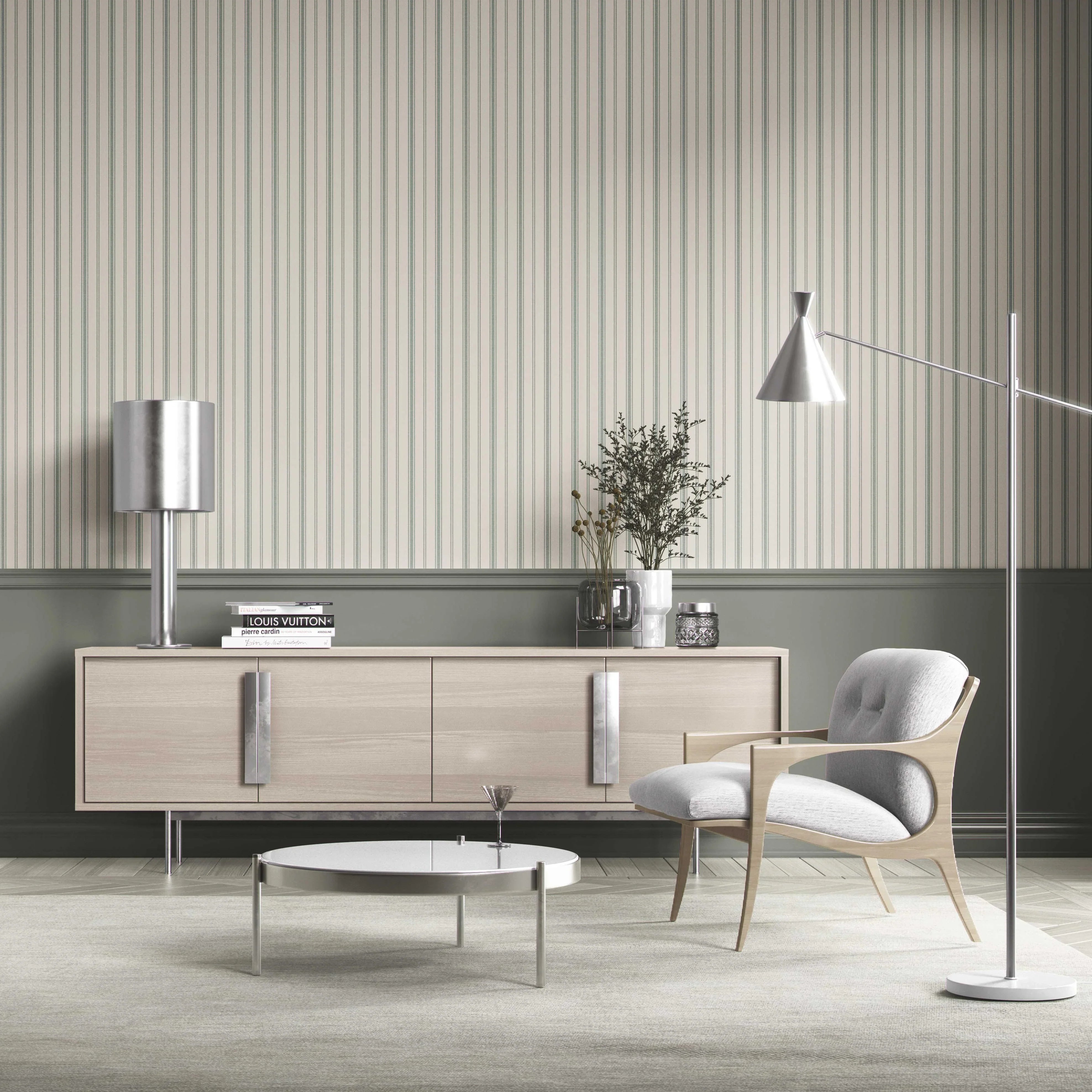 Geometric Striped Bathroom Wallpaper Sample (Sage Green/ Cream)