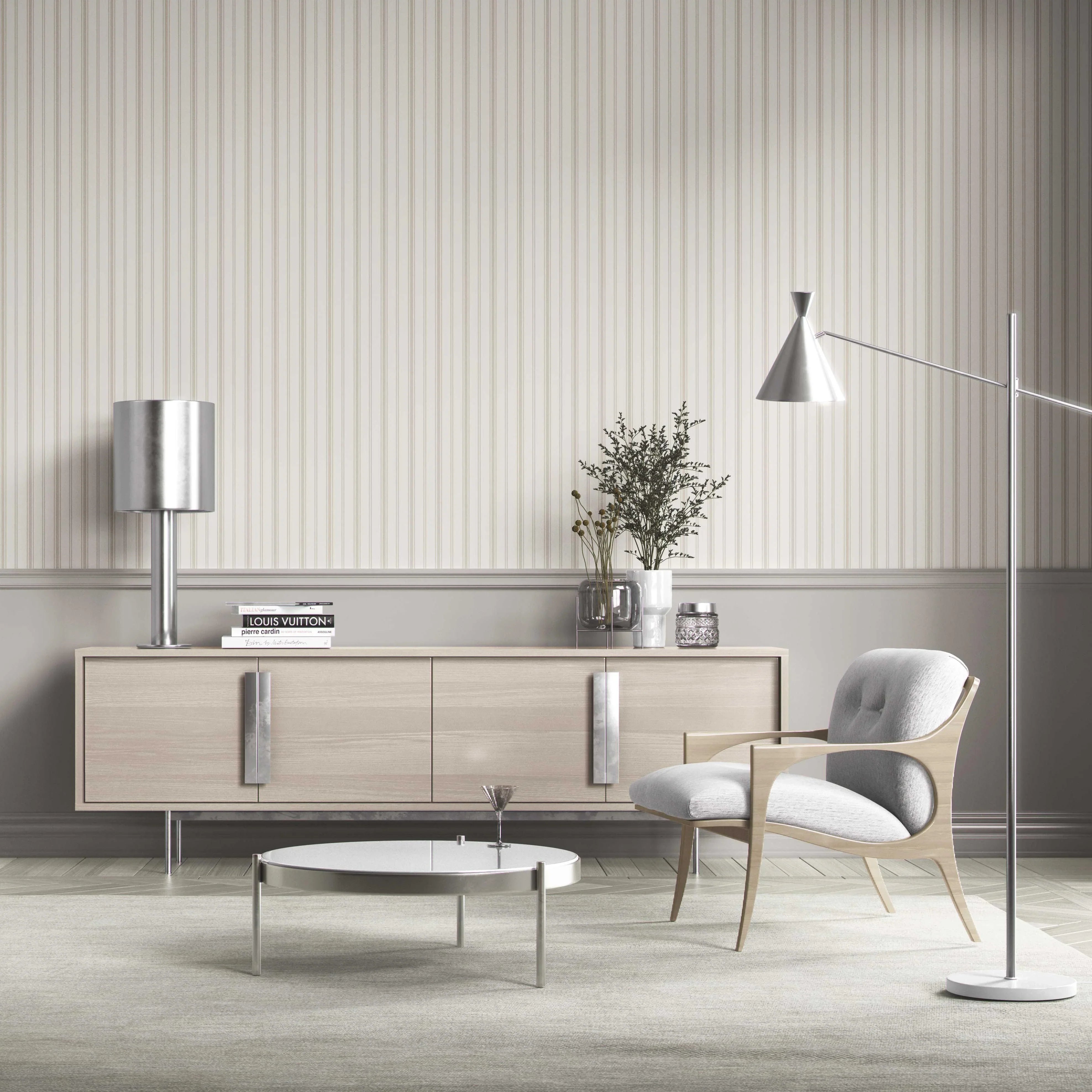 Neutral Geometric Striped Bathroom Wallpaper Sample (Greige/ Taupe Grey)