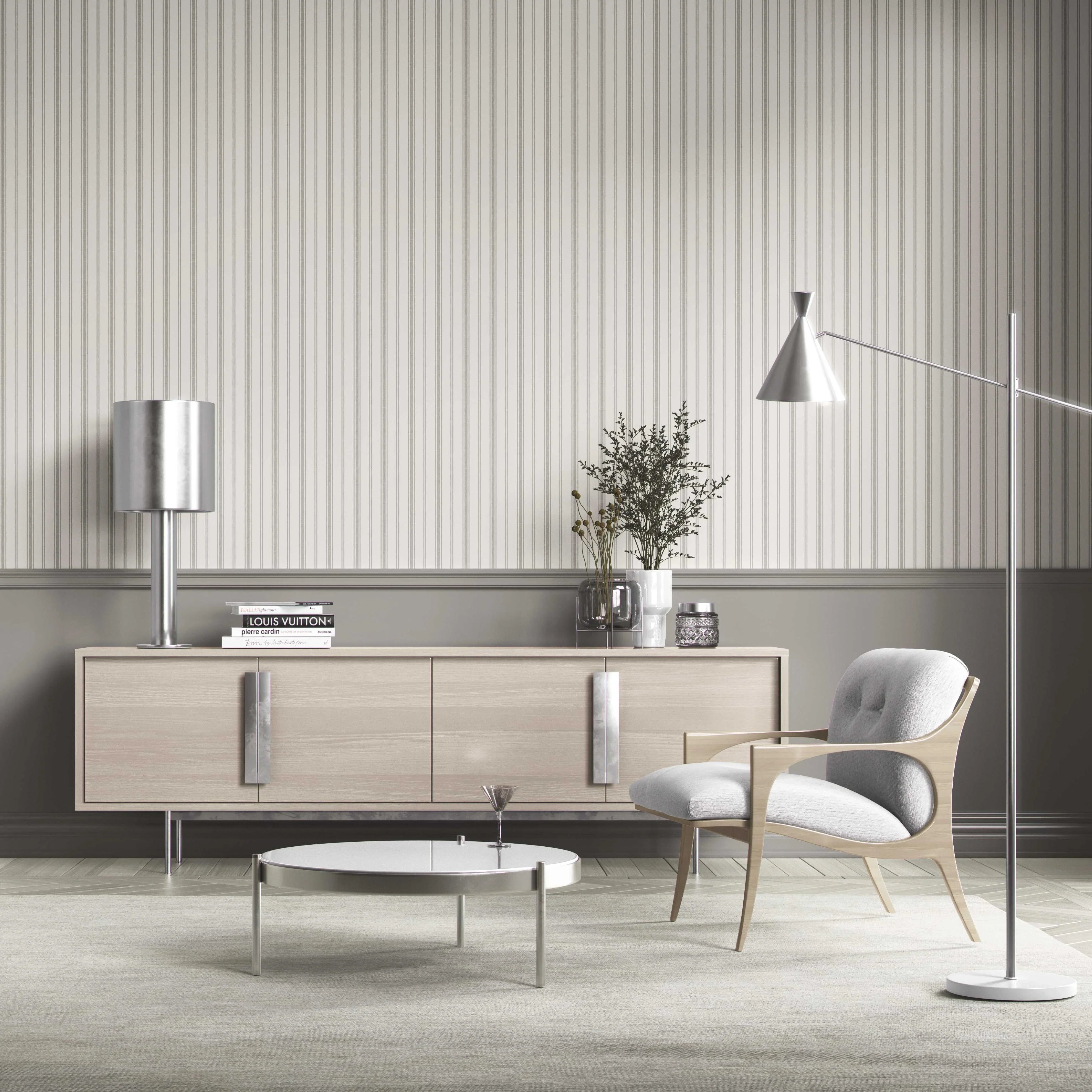Neutral Geometric Striped Bathroom Wallpaper Sample (Stone Grey/ Cream)