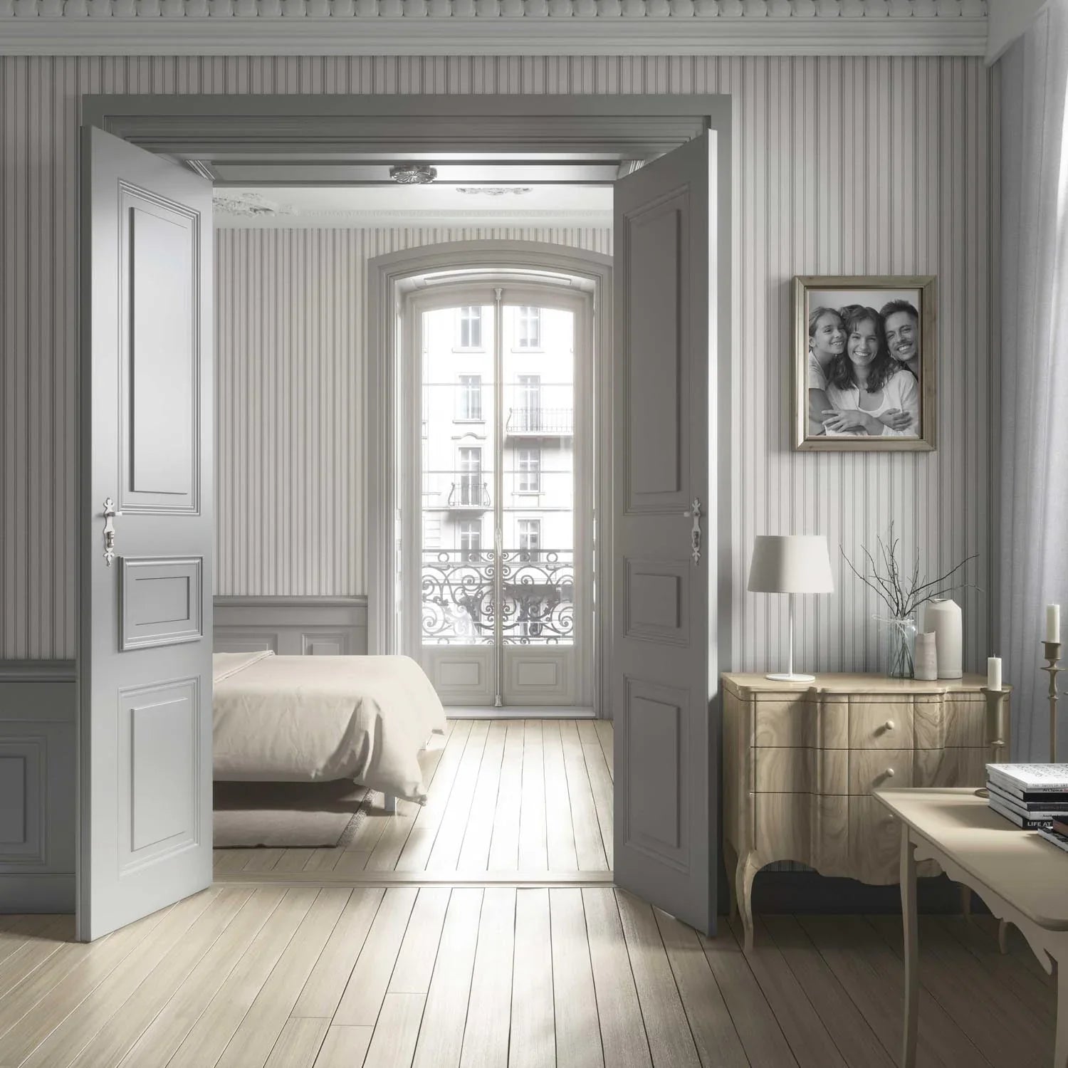 Neutral Geometric Striped Living Room Wallpaper Sample (Stone Grey/ Cream)