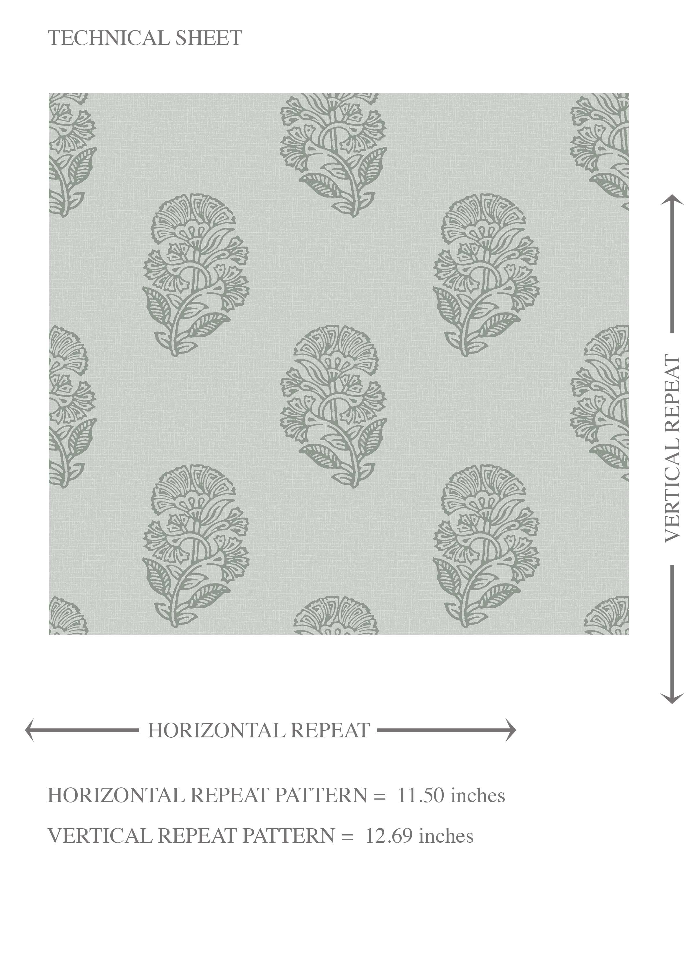 Botanical/ Floral Block Print Kids Room Wallpaper Sample (Sage Gray-Blue)