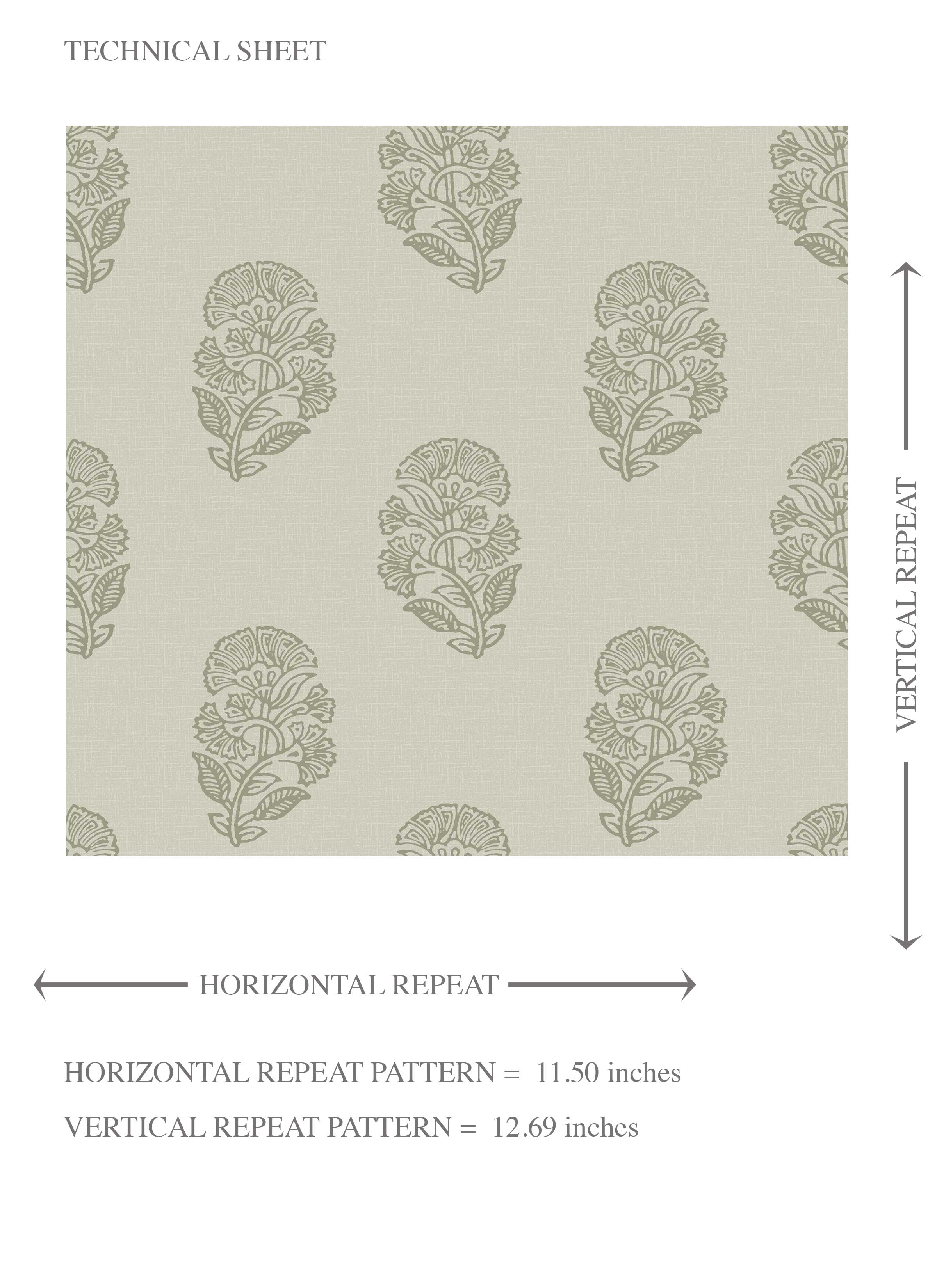 Neutral Botanical/ Floral Block Print Kids Room Wallpaper Sample (Olive Gray)