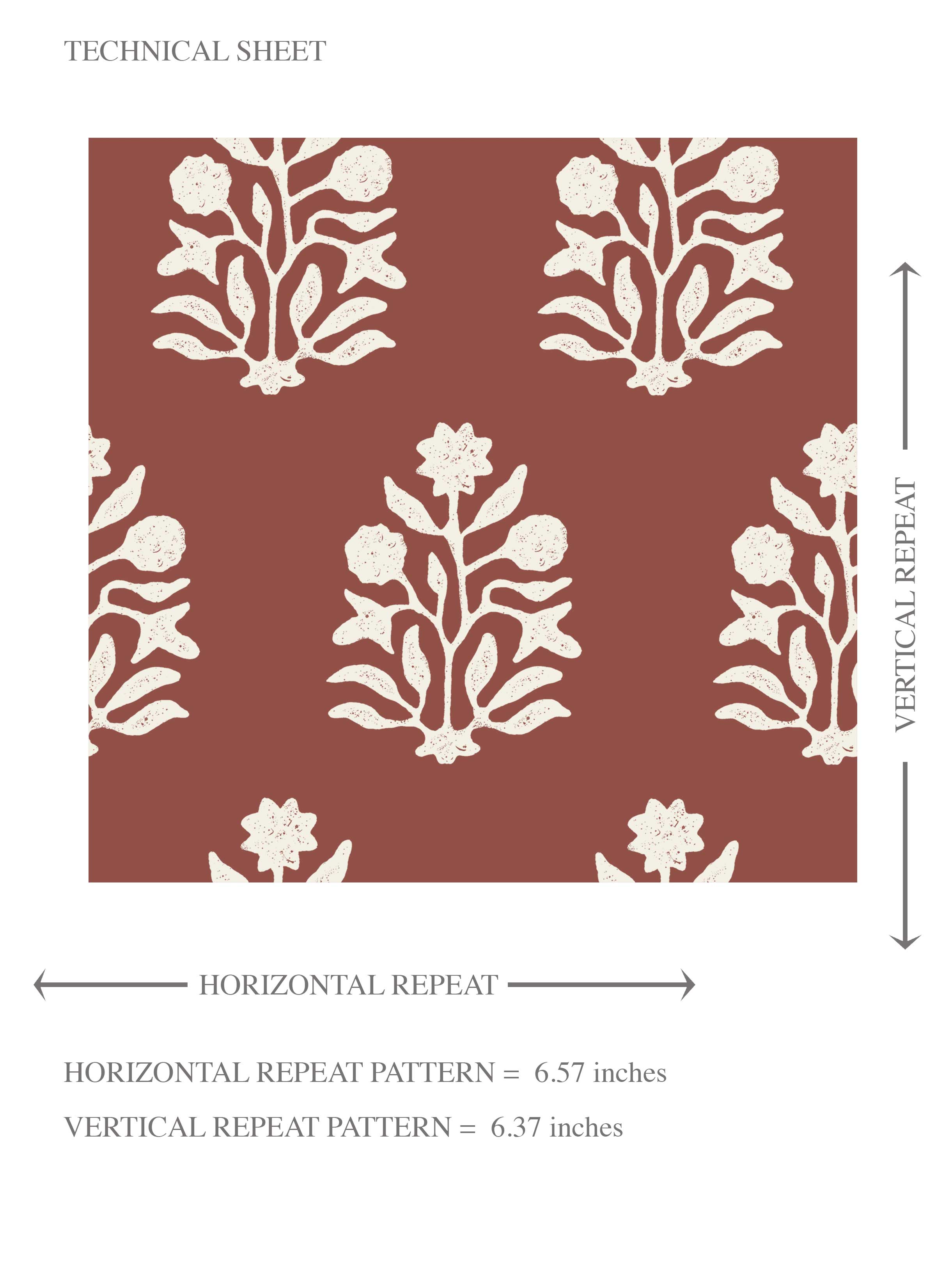 Vintage-Inspired Botanical Floral Block Print Kids Room Wallpaper Sample (Brick Red/ White)
